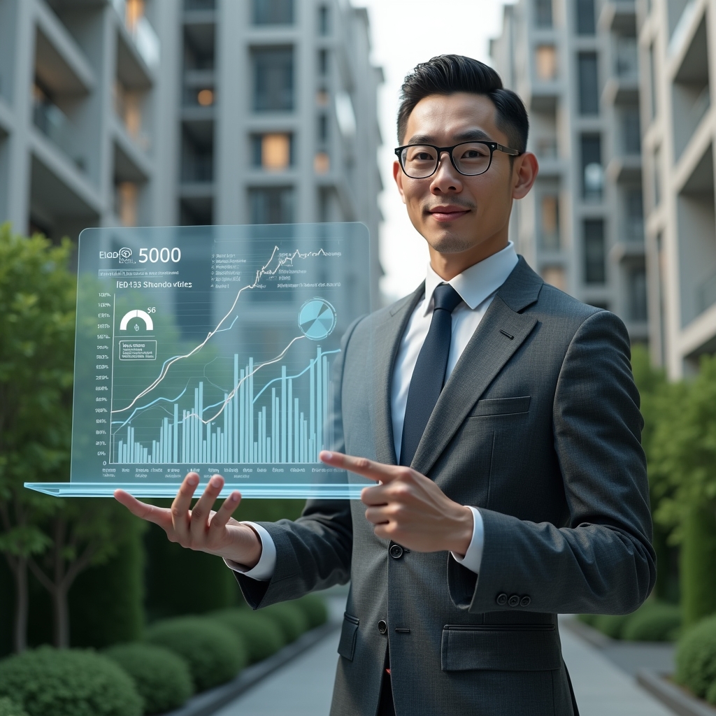 Ultra-realistic condominium manager in a charcoal gray suit, set in a modern luxury condominium environment with high-rise buildings and meticulously maintained green landscaping, holding a transparent holographic financial report and pointing at clear bar and pie charts, conveying confidence and clarity, cinematic lighting, shallow depth of field, highly detailed textures, realistic skin, photographic realism, 8k resolution --ar 1:1 --v 6