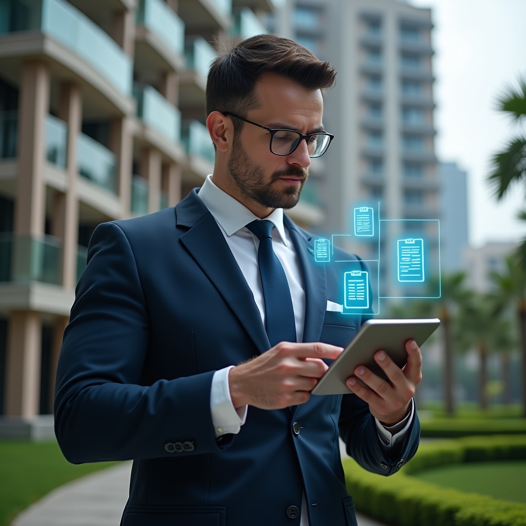 (Ultra-realistic condominium manager in a tailored navy suit, set in a modern luxury condominium environment with high-rise residential towers and manicured green gardens, holding a digital tablet and reviewing a holographic financial checklist, confident and focused expression, glowing icons of documents and calendar appointments floating beside them, cinematic lighting, shallow depth of field, highly detailed textures, realistic skin, photographic realism, 8k resolution --ar 1:1 --v 6)
