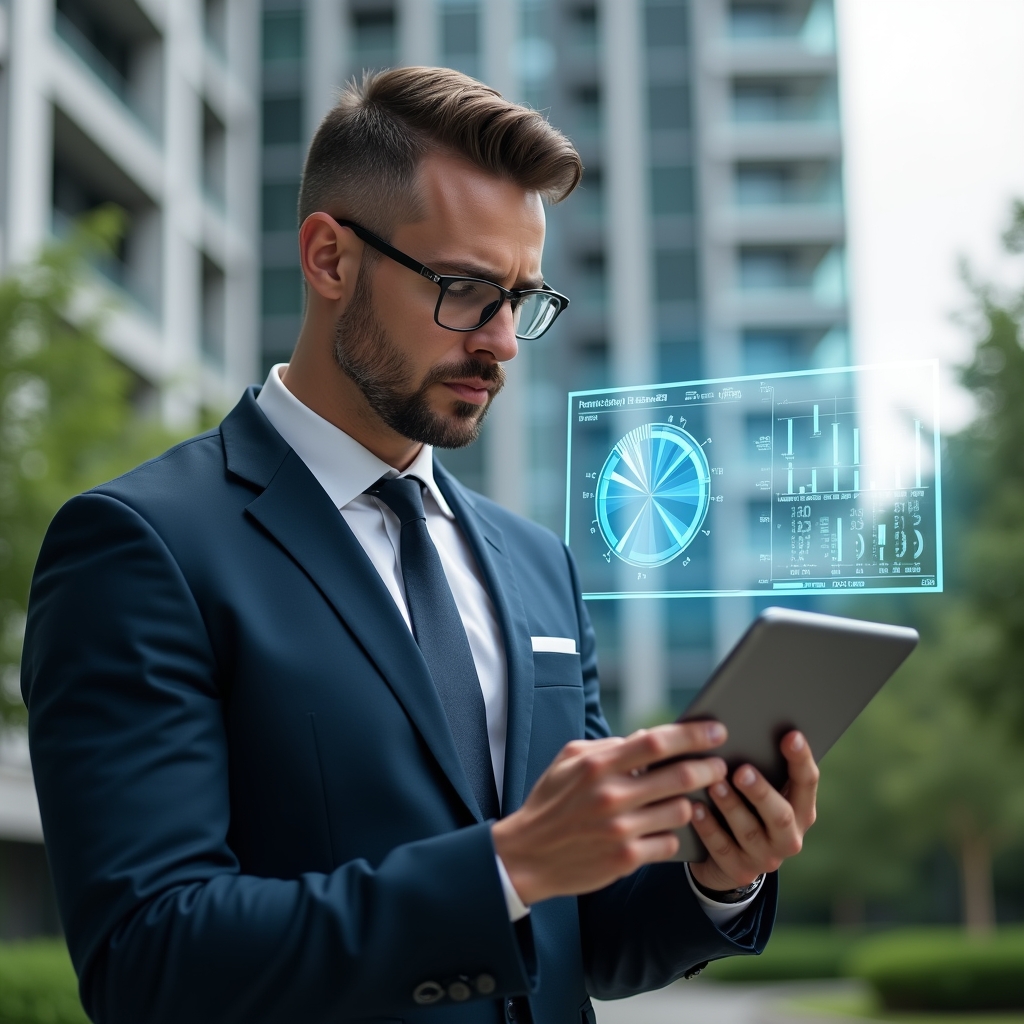 (Ultra-realistic condo manager in a tailored navy suit, set in a modern luxury condominium environment with high-rise buildings and meticulously landscaped greenery, examining a holographic pie chart and transparent financial report hovering above a tablet, confident and focused expression, cinematic lighting, shallow depth of field, highly detailed textures, realistic skin, photographic realism, 8k resolution --ar 1:1 --v 6)