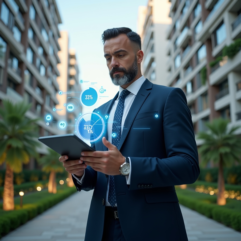 (Ultra-realistic condominium manager in a navy executive suit, set in a modern luxury condominium environment with high-rise buildings and meticulously manicured green landscaping, holding a tablet displaying a holographic pie chart of ordinary vs. extraordinary expenses while thoughtfully analyzing data, floating expense icons and graph overlays around them to symbolize financial planning, cinematic lighting, shallow depth of field, highly detailed textures, realistic skin, photographic realism, 8k resolution --ar 1:1 --v 6)