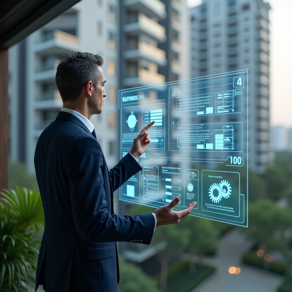 Ultra-realistic condominium manager in a navy blue suit, set in a modern luxury condominium environment with high-rise buildings and lush green landscaping, confidently interacting with a holographic interface displaying automated task workflows and cost-reduction charts, floating icons of gears, checklists and currency symbols, cinematic lighting, shallow depth of field, highly detailed textures, realistic skin, photographic realism, 8k resolution --ar 1:1 --v 6