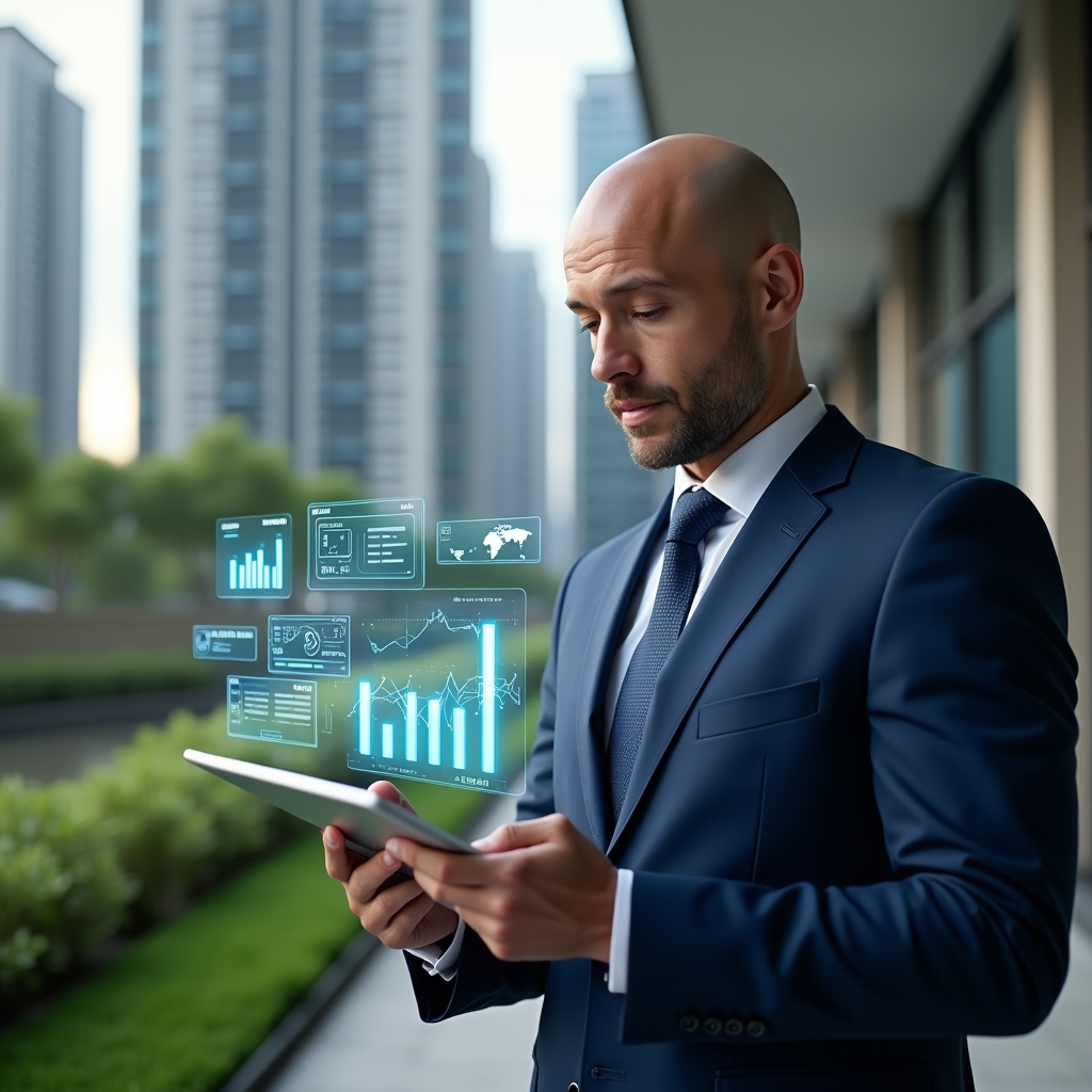 (Ultra-realistic condominium manager in a navy blue suit, set in a modern luxury condominium environment with high-rise buildings and manicured green landscaping, holding a tablet displaying holographic financial reports and graphs, analyzing data with a focused, confident expression, floating holographic charts and analytics icons around the device, cinematic lighting, shallow depth of field, highly detailed textures, realistic skin, photographic realism, 8k resolution --ar 1:1 --v 6)