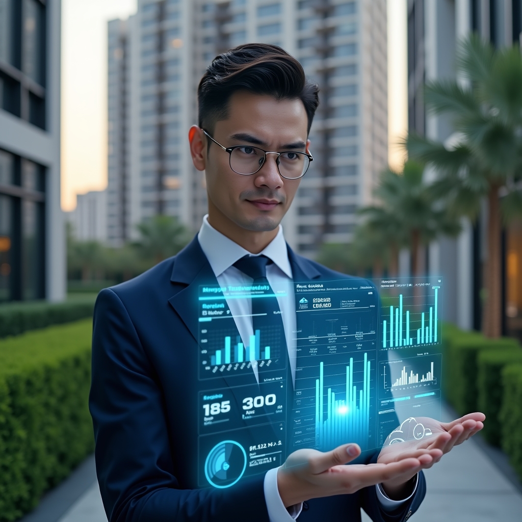 (Ultra-realistic condominium manager in a navy blue suit, set in a modern luxury condominium environment with high-rise buildings and manicured green landscaping, analyzing a holographic real-time dashboard of financial and operational reports with glowing charts and graphs, confident expression, cinematic lighting, shallow depth of field, highly detailed textures, realistic skin, photographic realism, 8k resolution --ar 1:1 --v 6)