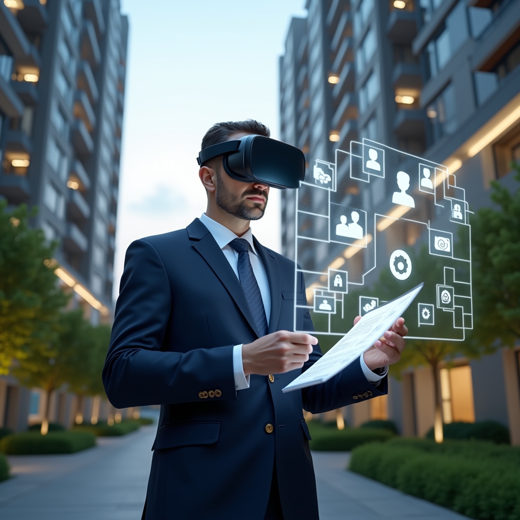 Ultra-realistic condominium manager in a navy executive suit, set in a modern luxury condominium environment with high-rise buildings and manicured green landscaping, confidently reviewing holographic documents and team schedules on a floating virtual interface, surrounded by glowing icons of files, checklists and gears, cinematic lighting, shallow depth of field, highly detailed textures, realistic skin, photographic realism, 8k resolution --ar 1:1 --v 6