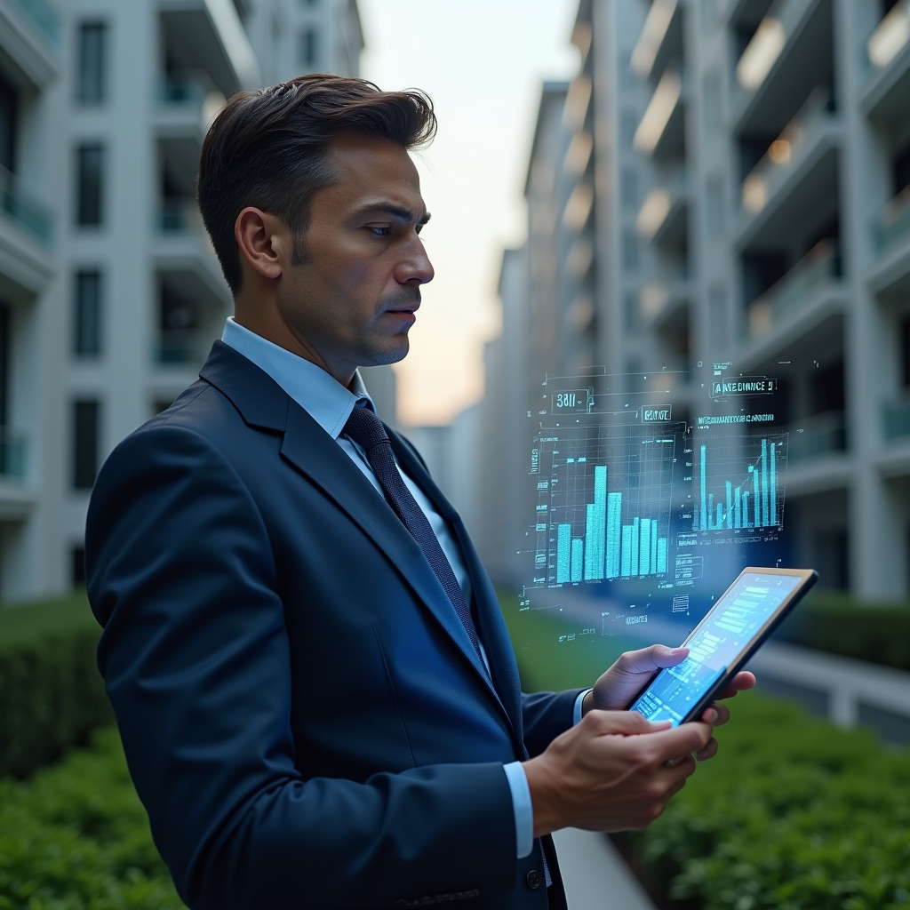 Ultra-realistic condominium manager in a dark blue suit, set in a modern luxury condominium environment with high-rise buildings and manicured green landscaping, analyzing a holographic financial report projected from a tablet, confident and focused expression, floating charts and graphs symbolizing clear, detailed accounting, cinematic lighting, shallow depth of field, highly detailed textures, realistic skin, photographic realism, 8k resolution --ar 1:1 --v 6