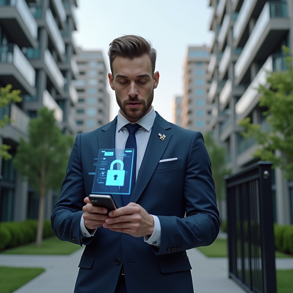 Ultra-realistic property manager in a dark blue tailored suit, set in a modern luxury condominium environment with high-rise buildings and meticulously landscaped gardens, holding a smartphone with a floating holographic security interface and scanning a QR code at the entrance gate, holographic padlock icon symbolizing secure access, confident expression, cinematic lighting, shallow depth of field, highly detailed textures, realistic skin, photographic realism, 8k resolution --ar 1:1 --v 6