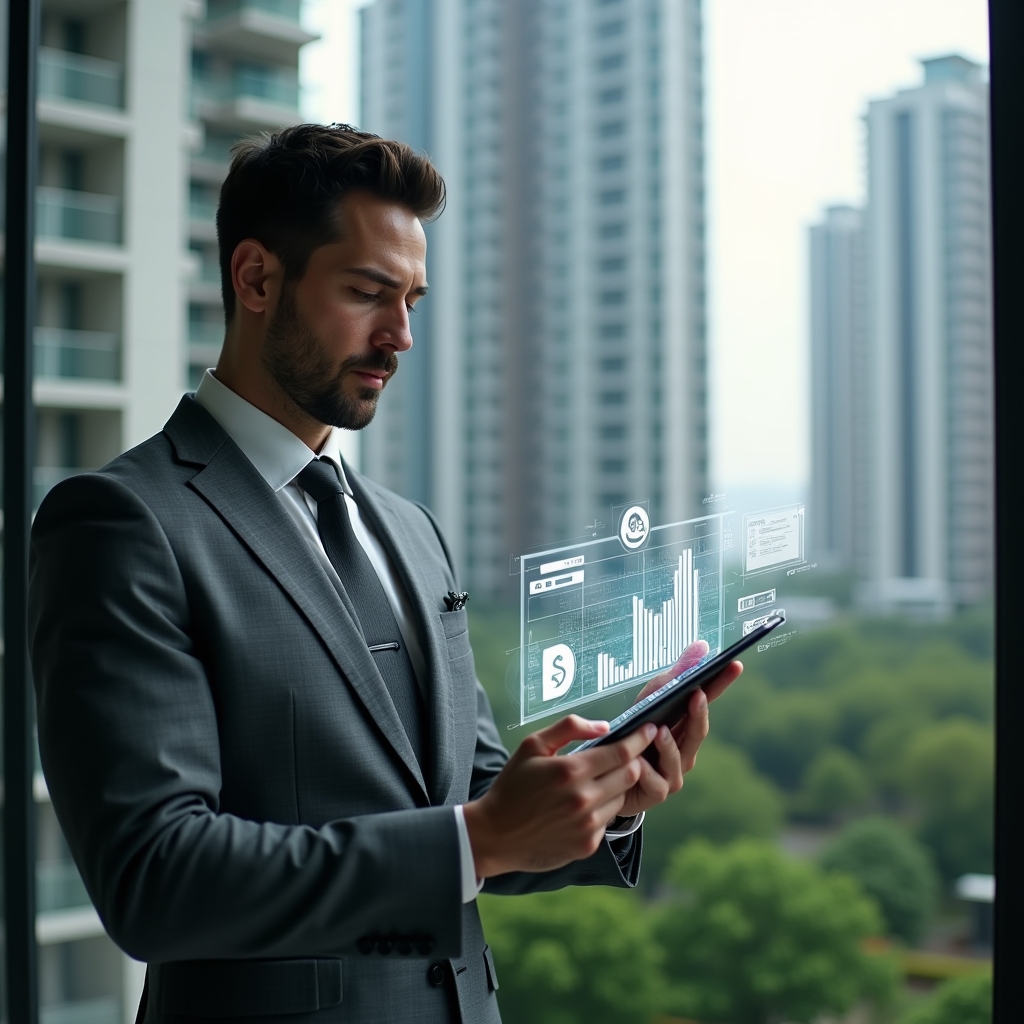 (Ultra-realistic condominium manager in a charcoal gray suit, set in a modern luxury condominium environment with high-rise buildings and lush green landscaping, examining holographic financial charts projected from a sleek tablet with a confident, focused expression, floating 3D bar graphs and currency icons around, cinematic lighting, shallow depth of field, highly detailed textures, realistic skin, photographic realism, 8k resolution --ar 1:1 --v 6)