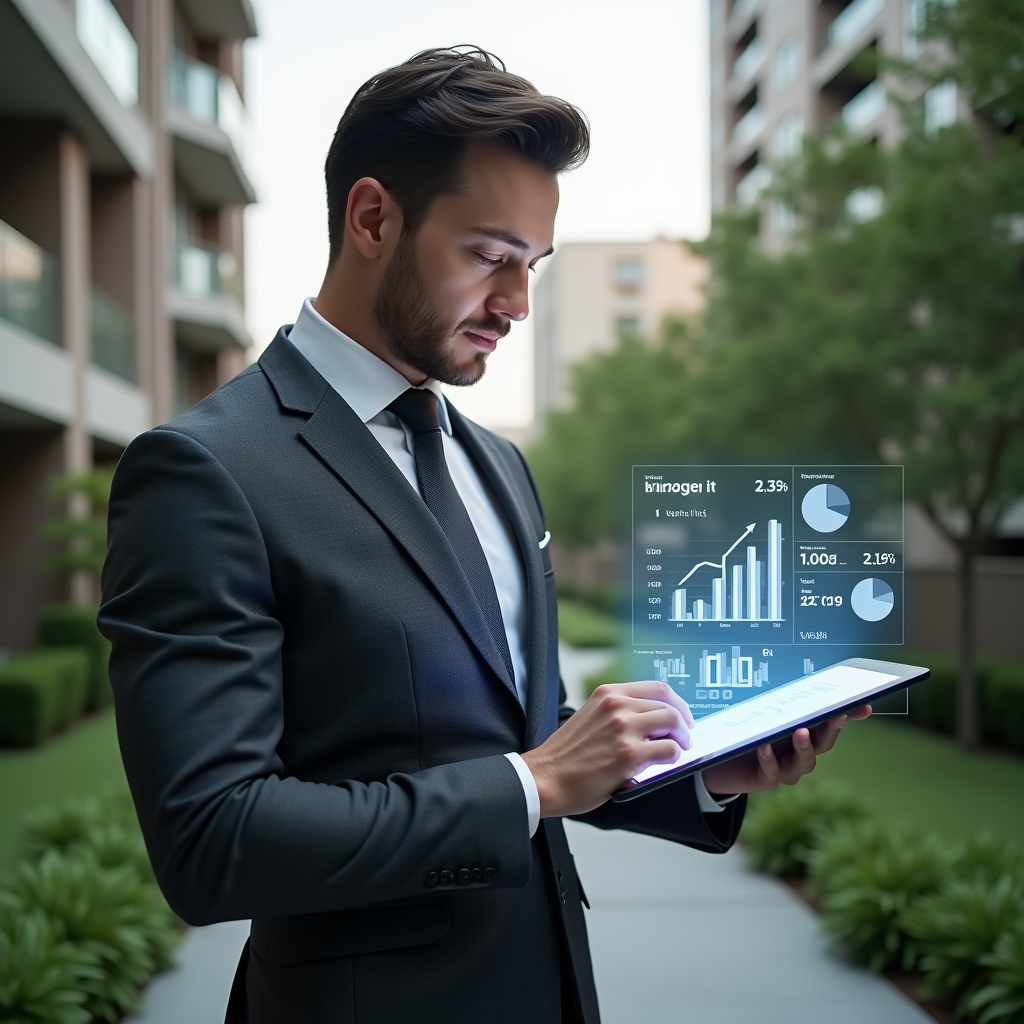 Ultra-realistic condominium manager in a tailored charcoal gray suit, set in a modern luxury condominium environment with high-rise buildings and manicured green gardens, confidently reviewing a holographic budget dashboard on a sleek tablet, floating 3D charts and icons representing cost control and financial transparency, cinematic lighting, shallow depth of field, highly detailed textures, realistic skin, photographic realism, 8k resolution --ar 1:1 --v 6