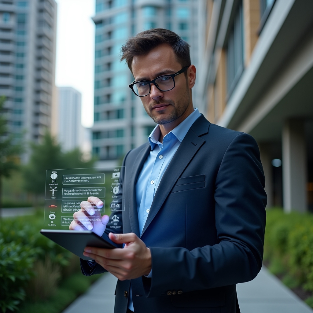 Ultra-realistic condominium manager in a dark blue suit, set in a modern luxury condominium environment with high-rise buildings and lush green landscaping, holding a tablet displaying a holographic management app interface with warning icons being corrected, confidently pointing at the screen, cinematic lighting, shallow depth of field, highly detailed textures, realistic skin, photographic realism, 8k resolution --ar 1:1 --v 6