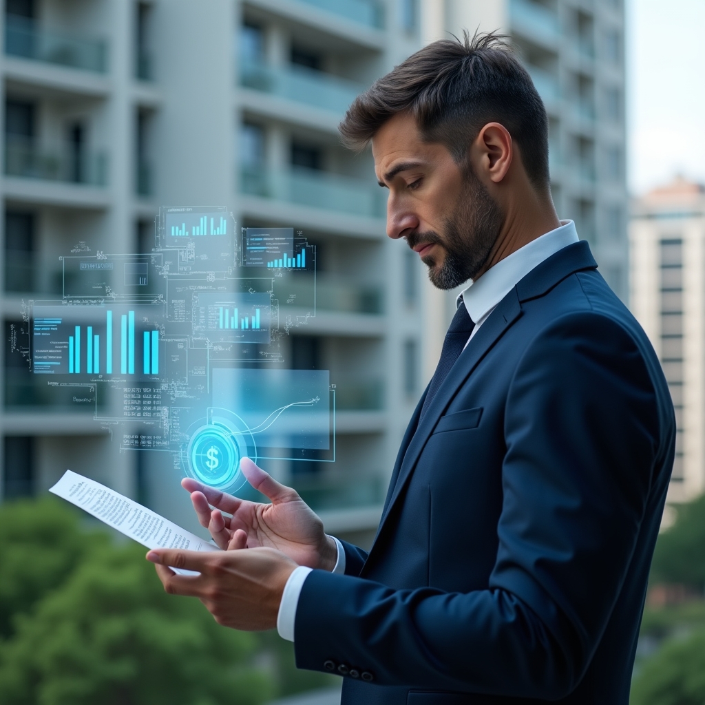 Ultra-realistic condominium manager in a navy blue suit, set in a modern luxury condominium environment with high-rise buildings and green landscaping, medium shot, reviewing holographic financial charts and documents hovering in front of them, with a glowing ledger icon and bar graph projections symbolizing account transparency, thoughtful and confident expression, cinematic lighting, shallow depth of field, highly detailed textures, realistic skin, photographic realism, 8k resolution --ar 1:1 --v 6