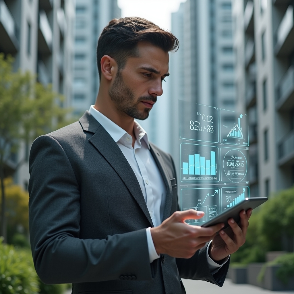 (Ultra-realistic condominium manager in a charcoal gray suit, set in a modern luxury condominium environment with high-rise buildings and manicured green landscaping, examining a transparent tablet displaying holographic financial charts and error icons symbolizing accounting mistakes, expression confident and focused, cinematic lighting, shallow depth of field, highly detailed textures, realistic skin, photographic realism, 8k resolution --ar 1:1 --v 6)