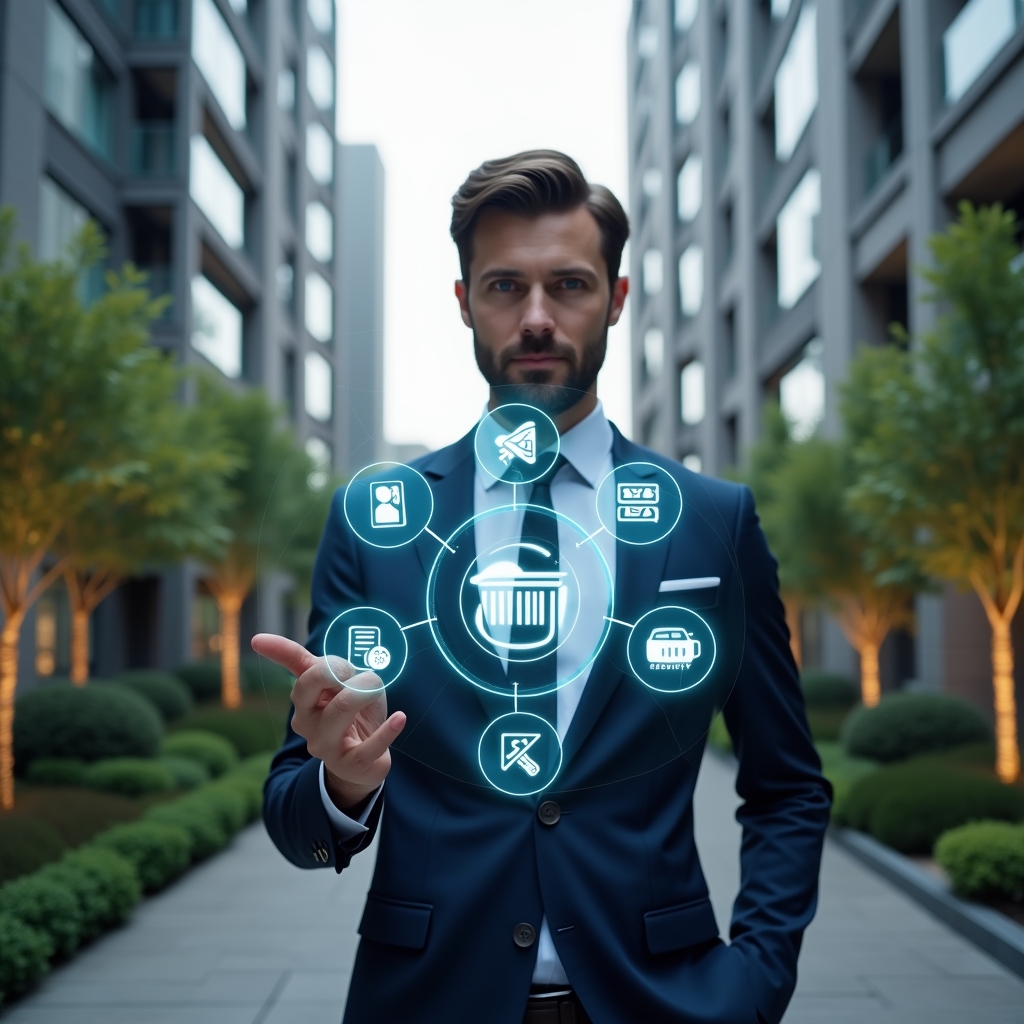 (Ultra-realistic condominium manager in a tailored dark blue suit, set in a modern luxury condominium environment with high-rise buildings and manicured green landscaping, mid-shot of a confident professional interacting with a floating holographic interface showing seven essential app function icons (finance, communication, booking, access control, reports, maintenance, remote security), cinematic lighting, shallow depth of field, highly detailed textures, realistic skin, photographic realism, 8k resolution --ar 1:1 --v 6)
