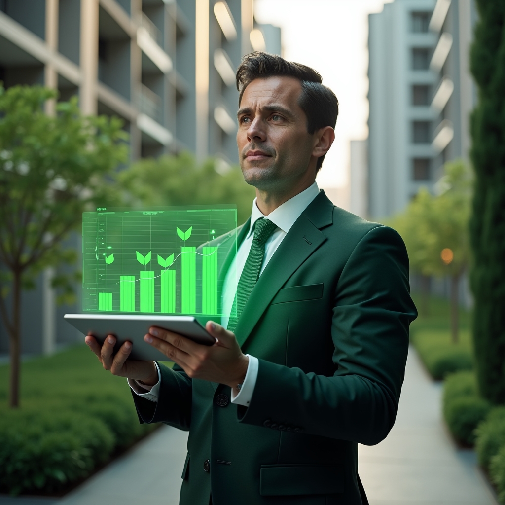 (Ultra-realistic condominium manager in a dark green tailored suit, set in a modern luxury condominium environment with high-rise buildings and lush green landscaping, holding a transparent tablet projecting a holographic green energy consumption chart with leaf icons, confident and thoughtful expression, cinematic lighting, shallow depth of field, highly detailed textures, realistic skin, photographic realism, 8k resolution --ar 1:1 --v 6)
