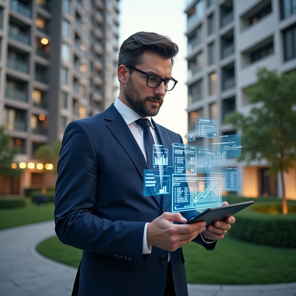 Ultra-realistic condominium manager in a navy suit, set in a modern luxury condominium environment with high-rise buildings and manicured green landscaping, holding a tablet displaying digital financial graphs, holographic balance sheets floating around them, confidently analyzing data with a focused expression, cinematic lighting, shallow depth of field, highly detailed textures, realistic skin, photographic realism, 8k resolution --ar 1:1 --v 6