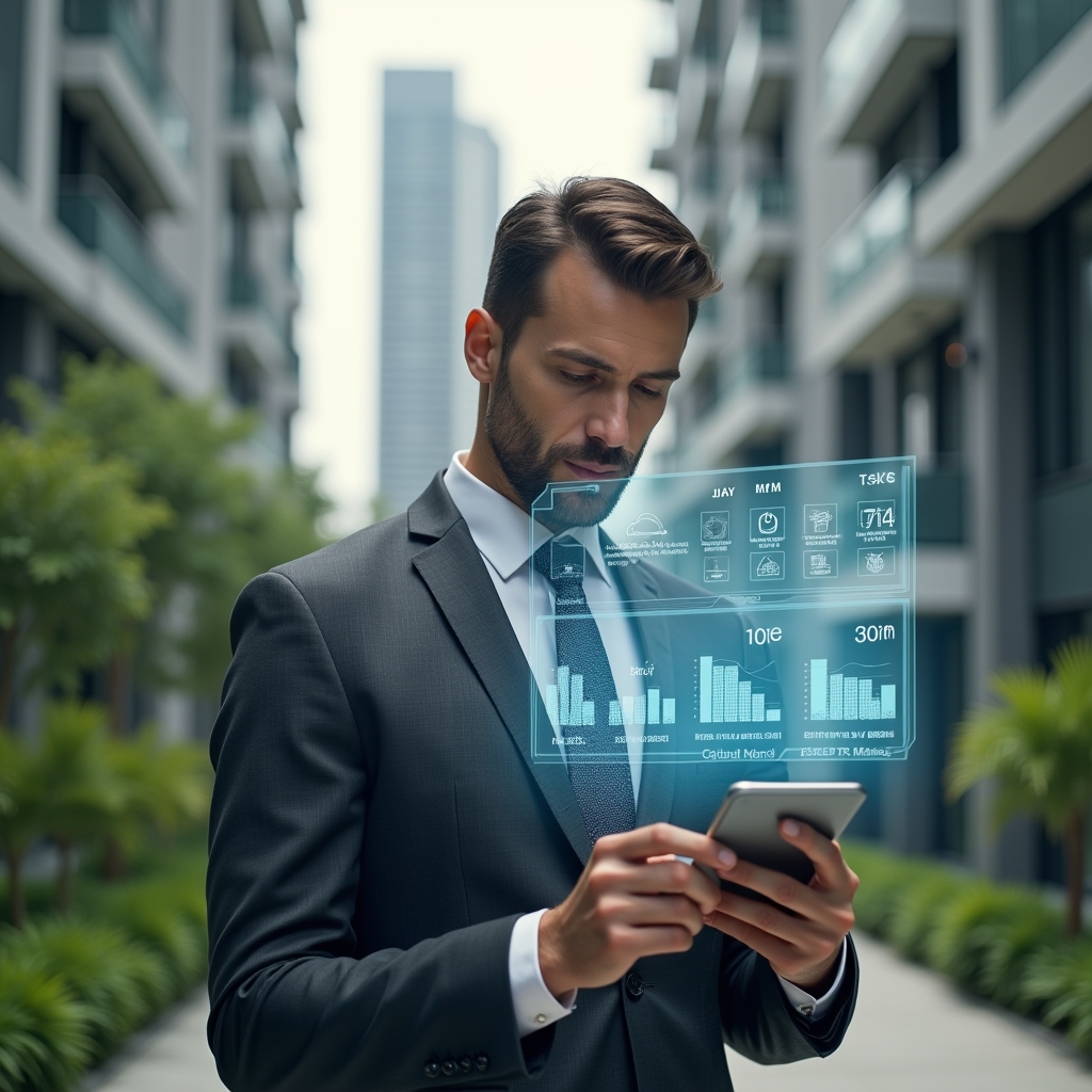 (Ultra-realistic condominium manager in a charcoal gray executive suit, set in a modern luxury condominium environment with high-rise buildings and lush green landscaping, reviewing a holographic digital schedule with floating task icons and deadline symbols, conveying a confident and focused demeanor, subtle holographic calendar elements surrounding them, cinematic lighting, shallow depth of field, highly detailed textures, realistic skin, photographic realism, 8k resolution --ar 1:1 --v 6)