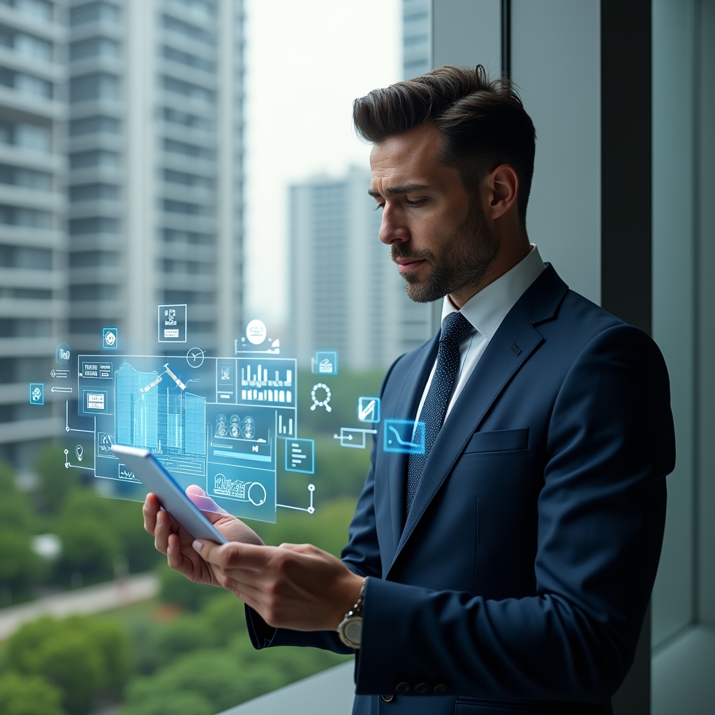 (Ultra-realistic condominium manager in a navy executive suit, set in a modern luxury condominium environment with high-rise buildings and manicured gardens in the background, analyzing a floating holographic financial report with visible charts and icons representing expenses and income, confident and focused expression, cinematic lighting, shallow depth of field, highly detailed textures, realistic skin, photographic realism, 8k resolution --ar 1:1 --v 6)