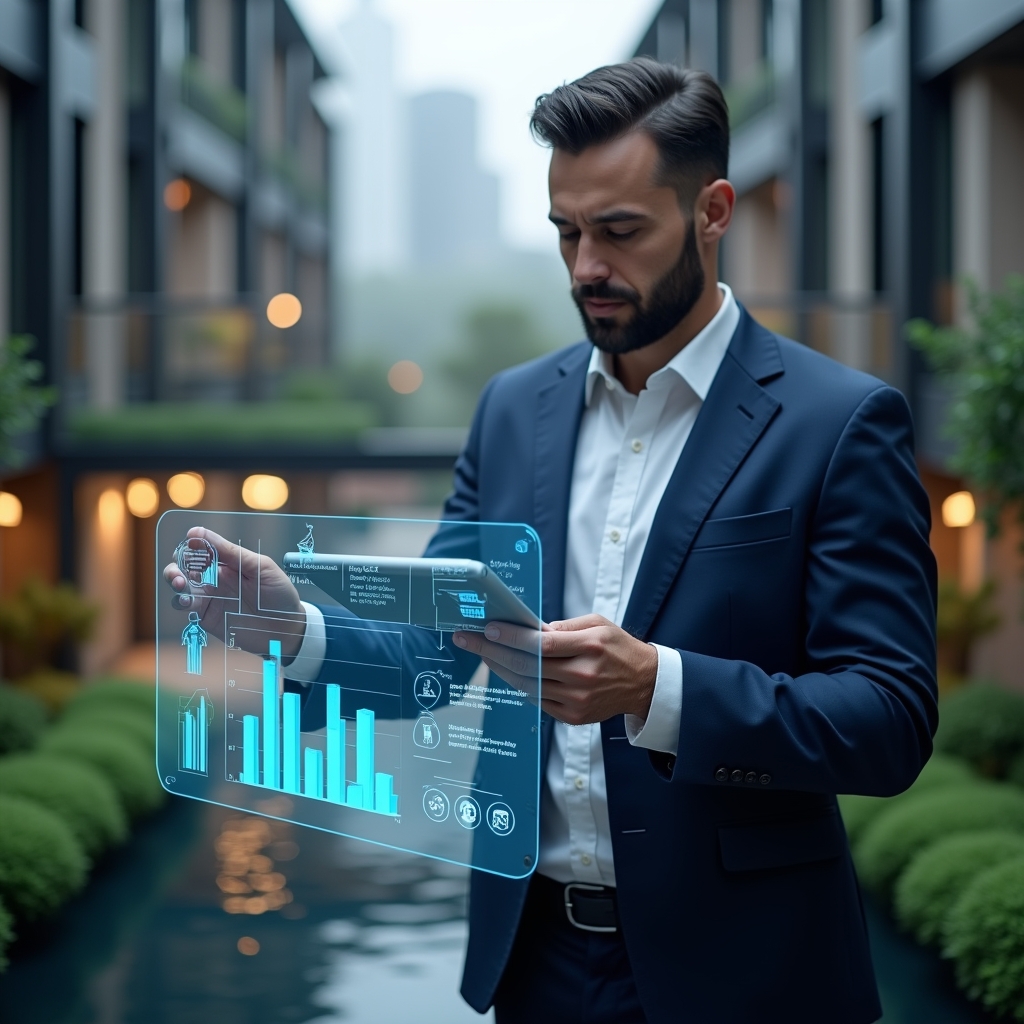 (Ultra-realistic condominium manager in a tailored dark blue suit, set in a modern luxury condominium environment with high-rise buildings and manicured green landscaping, mid-shot of a confident professional reviewing a digital tablet displaying glowing holographic billing charts and notification icons symbolizing streamlined fee collection and communication strategies, cinematic lighting, shallow depth of field, highly detailed textures, realistic skin, photographic realism, 8k resolution --ar 1:1 --v 6)