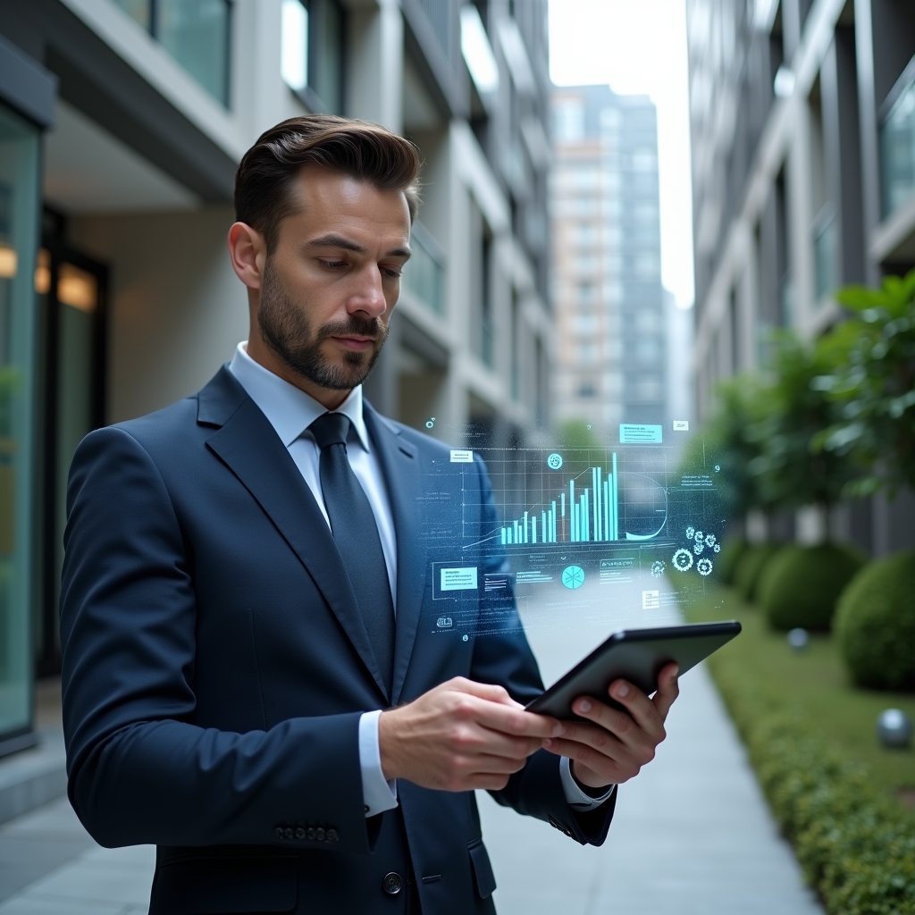 Ultra-realistic property manager in a tailored navy-blue suit, set in a modern luxury condominium environment with high-rise buildings and meticulously landscaped greenery, holding a tablet with a floating holographic dashboard showing charts and notifications, confidently analyzing digital workflows, holographic icons of gears and messaging bubbles orbiting the device, cinematic lighting, shallow depth of field, highly detailed textures, realistic skin, photographic realism, 8k resolution --ar 1:1 --v 6