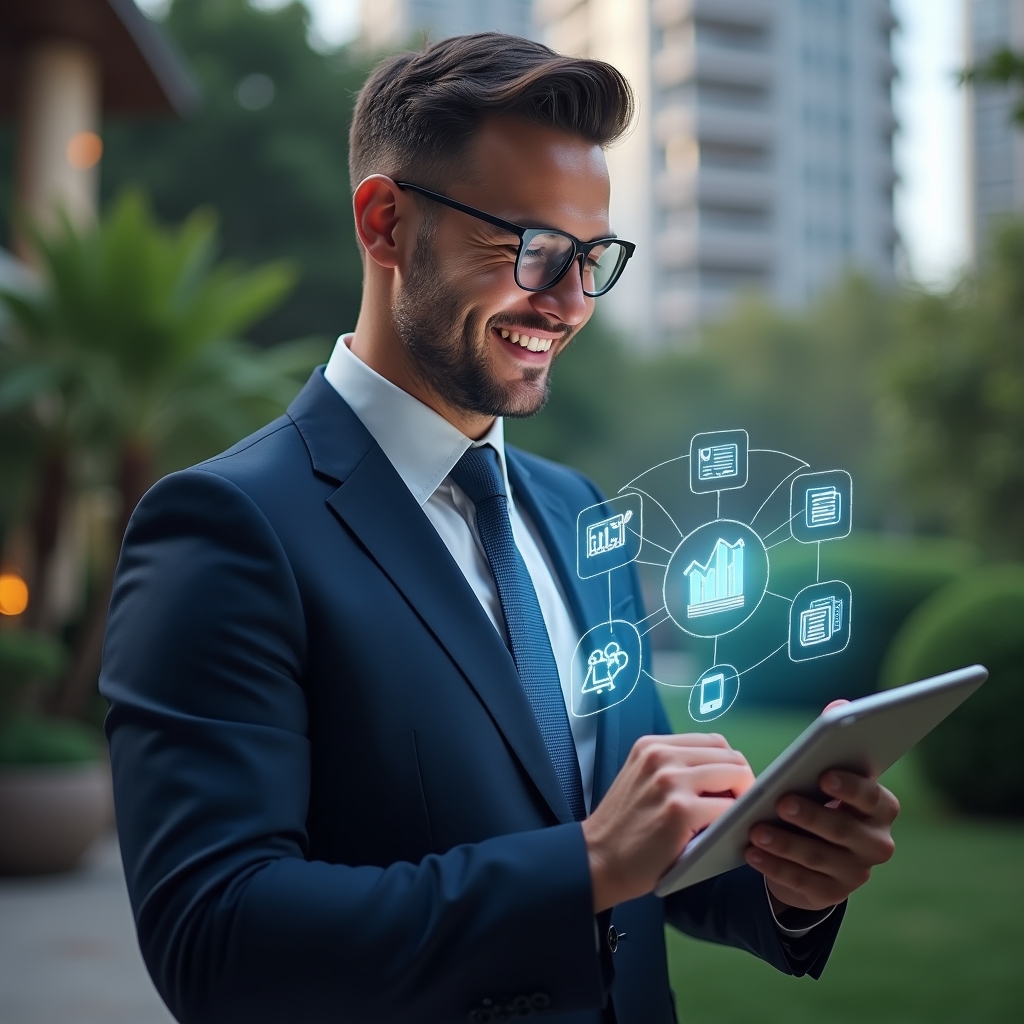 (Ultra-realistic condominium manager in a tailored dark blue suit, set in a modern luxury condominium environment with high-rise buildings and manicured gardens, holding a tablet displaying a glowing app interface with floating holographic icons of chat bubbles, financial charts, and document symbols, confidently smiling and analyzing data, cinematic lighting, shallow depth of field, highly detailed textures, realistic skin, photographic realism, 8k resolution --ar 1:1 --v 6)
