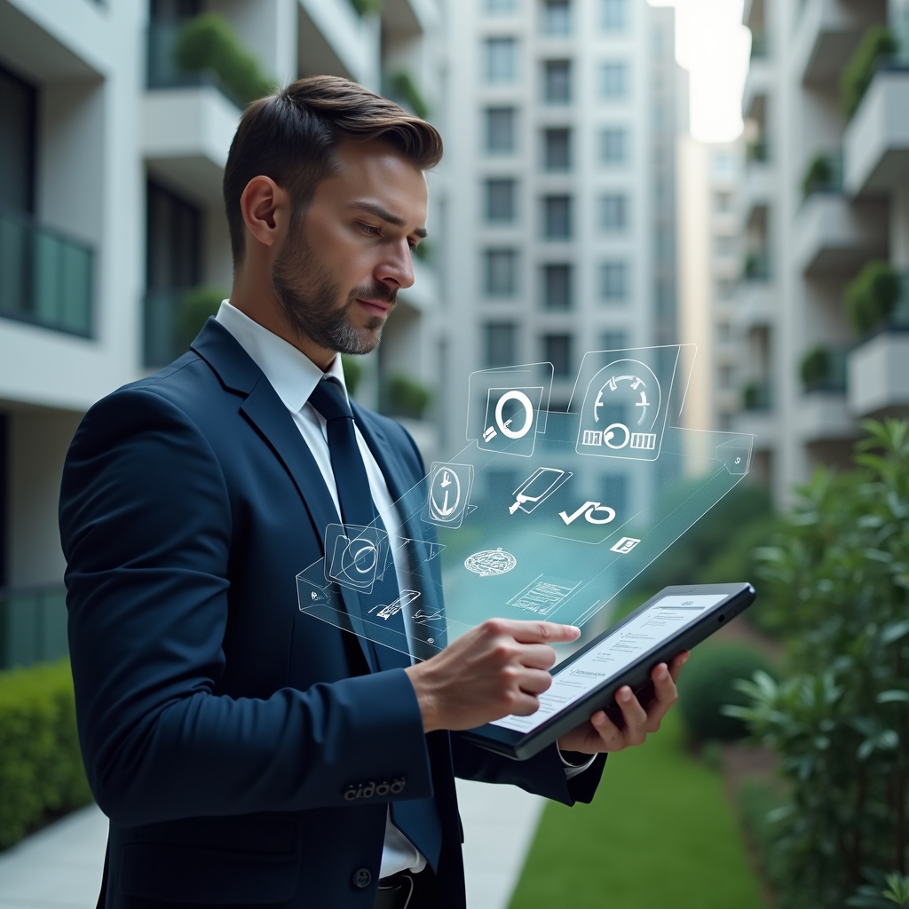 Ultra-realistic property manager in a navy suit, set in a modern luxury condominium environment with high-rise buildings and lush green landscaping, holding a digital tablet displaying a holographic maintenance checklist with tool and inspection icons, examining the plan with a focused, confident expression, cinematic lighting, shallow depth of field, highly detailed textures, realistic skin, photographic realism, 8k resolution --ar 1:1 --v 6