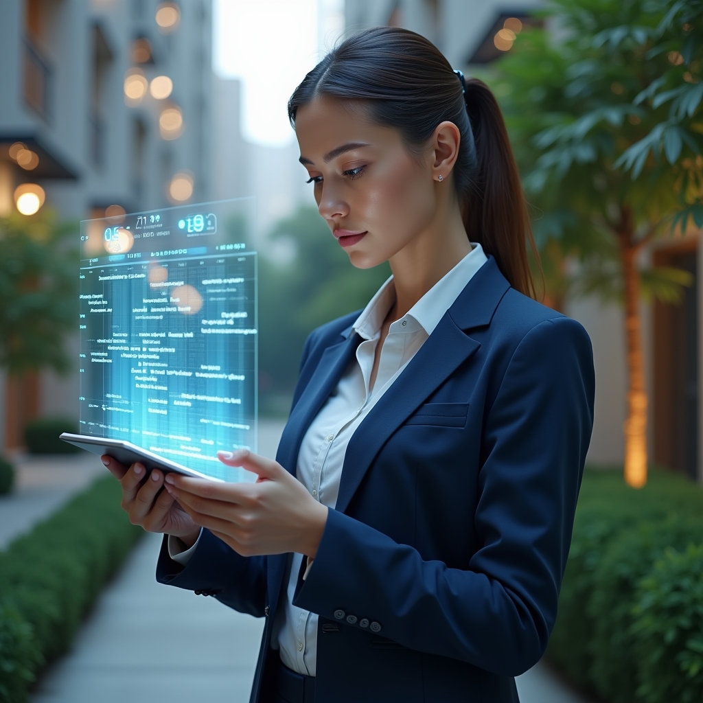 (Ultra-realistic condominium manager in a tailored navy blue suit, set in a modern luxury condominium environment with high-rise buildings and manicured green landscaping, confidently examining a holographic activity schedule floating before them, glowing calendar icons and timeline bars symbolizing tasks and deadlines, cinematic lighting, shallow depth of field, highly detailed textures, realistic skin, photographic realism, 8k resolution --ar 1:1 --v 6)