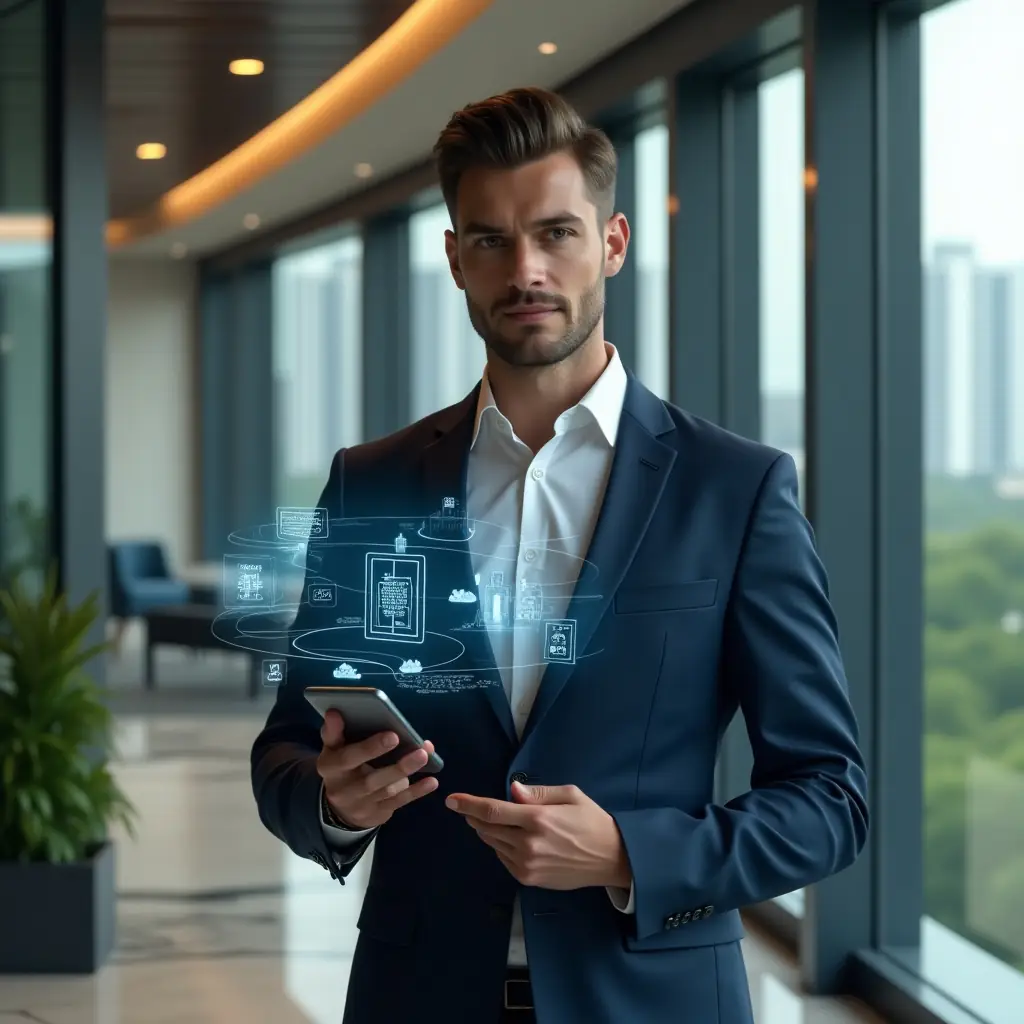 Ultra-realistic condominium manager in a navy blue tailored suit, set in a modern luxury condominium lobby with high-rise buildings and manicured green landscaping visible through floor-to-ceiling windows, holding a smartphone displaying a sleek security and management app interface, surrounded by floating holographic icons of access control gates, financial charts and alert notifications, confident and focused expression, cinematic lighting, shallow depth of field, highly detailed textures, realistic skin, photographic realism, 8k resolution --ar 1:1 --v 6
