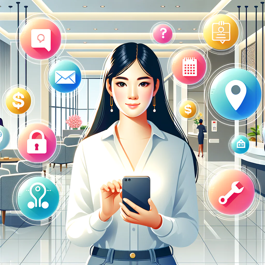 A modern condominium manager of South Asian descent, depicted as a female, is standing in a bright, chic lobby. She is holding a smartphone at chest level. Surrounding the phone are floating semi-transparent, colorful icons representing various aspects of her job: a chat bubble for messaging, a calendar for booking common areas, an icon representing finances (dollar sign or invoice), a symbol for security access (padlock or camera), and a wrench and gear for maintenance. The scene echoes a clean vector-style artistic representation, with vibrant coloring and subtle gradients, invoking a professional yet friendly atmosphere.