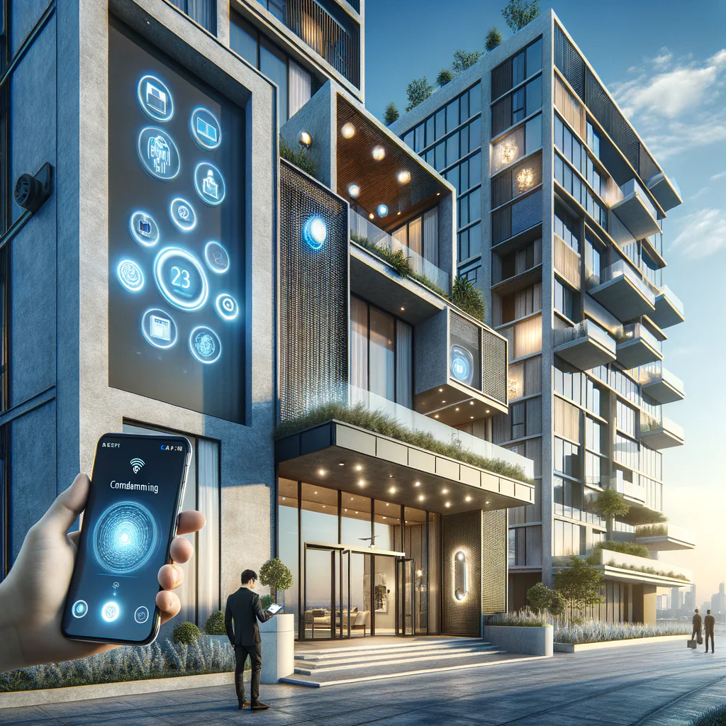 Generate a photorealistic image that depicts the exterior and lobby of a sleek, modern condominium. This building should be seamlessly integrated with smart-building technology. Features of this technology should include glowing digital touchscreen control panels beside the main entrance, a biometric fingerprint scanner on a brushed-metal door frame, and discrete security cameras along with motion sensors, both embedded within contemporary light fixtures. On the rooftop, there should be solar panels absorbing the sun's energy. Underneath a clear, blue sky with soft, natural daylight, a resident of unclear descent in casual attire should be present, holding a smartphone that displays a condominium management app.