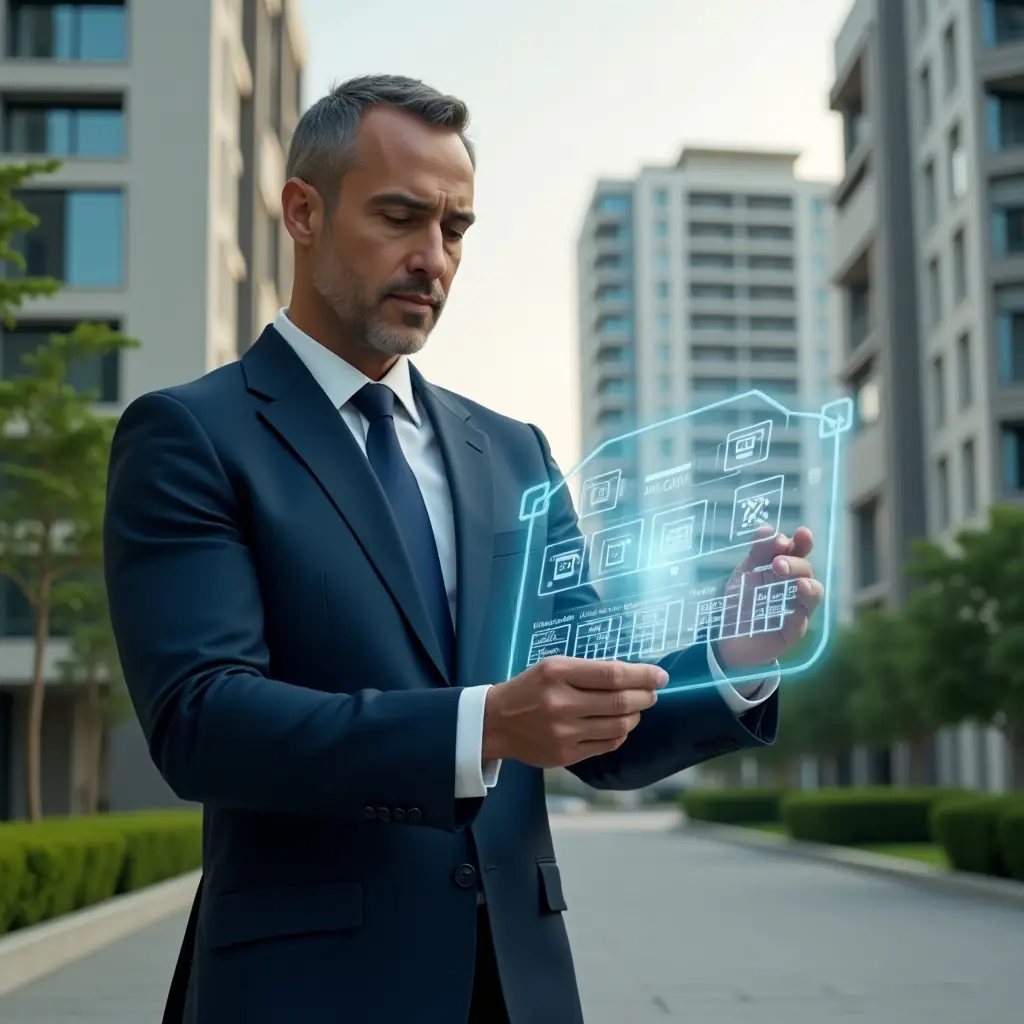 (Ultra-realistic property manager in a tailored navy suit, set in a modern luxury condominium environment with high-rise buildings and manicured green landscaping, examining a holographic activity schedule interface with floating calendar and checklist icons, confident expression, cinematic lighting, shallow depth of field, highly detailed textures, realistic skin, photographic realism, 8k resolution --ar 1:1 --v 6)