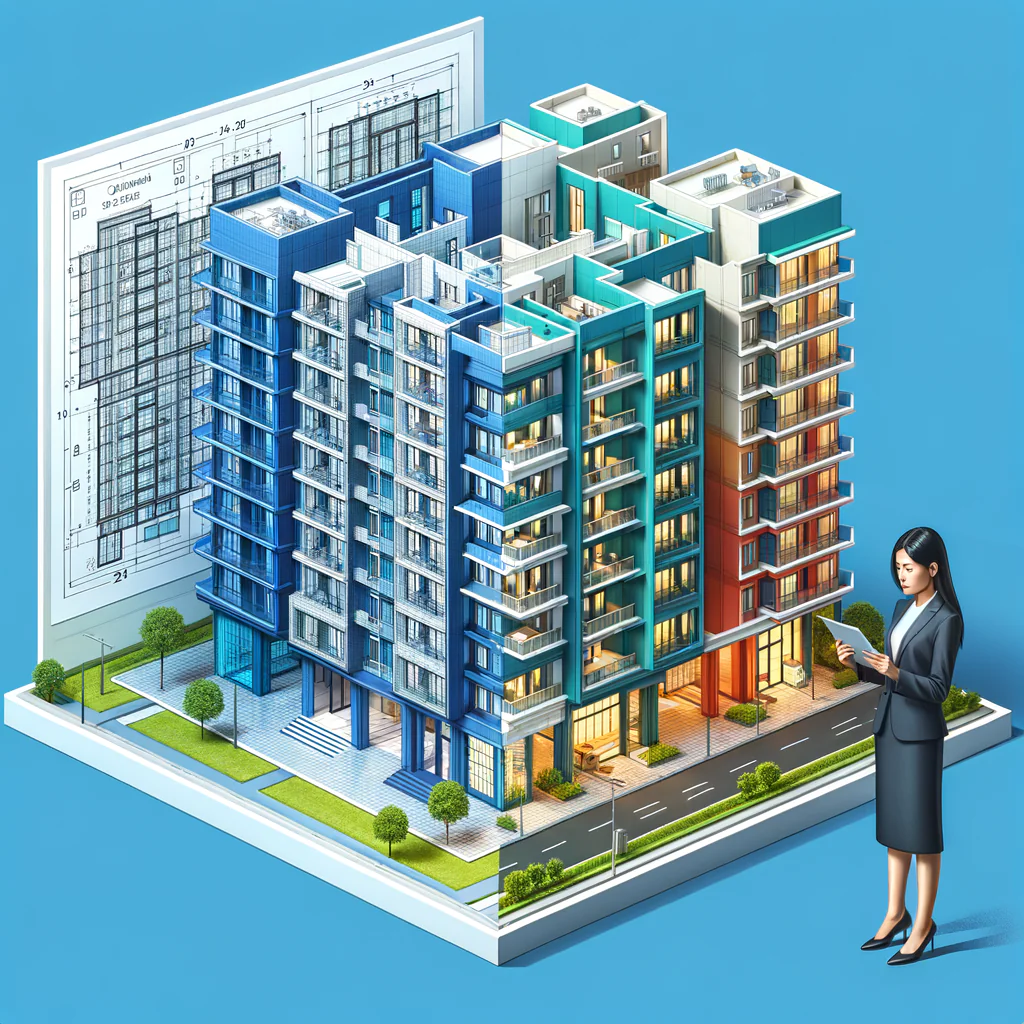 Generate a high-resolution isometric illustration of a modern condominium building, where the left half appears as blue-line architectural blueprints depicting clear unit layouts complemented by percentage labels. The right half should be a colorful façade characterized by numerous balconies and windows, aimed to reflect the real design. In the foreground, place a South Asian woman dressed in professional business attire, holding a tablet. The tablet's screen should replicate the blueprint on the left half of the building. The entire design should adhere to a clean, bright color palette in a professional editorial style.