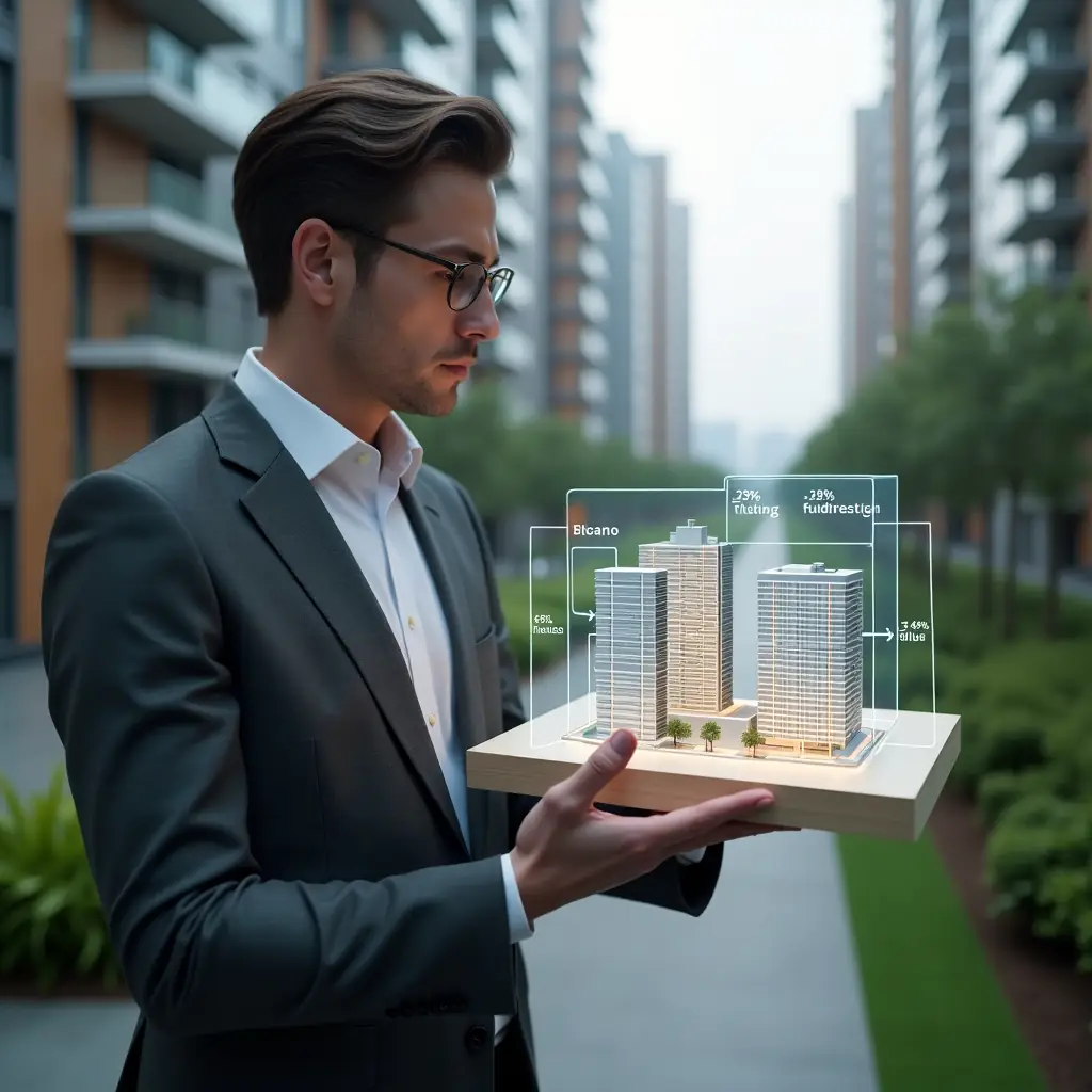 (Ultra-realistic condominium manager in a charcoal gray suit, set in a modern luxury condominium environment with high-rise buildings and manicured green landscaping, holding a holographic 3D building model with highlighted fractional sections and percentage labels, confidently analyzing the calculation of ideal fractions, cinematic lighting, shallow depth of field, highly detailed textures, realistic skin, photographic realism, 8k resolution --ar 1:1 --v 6)