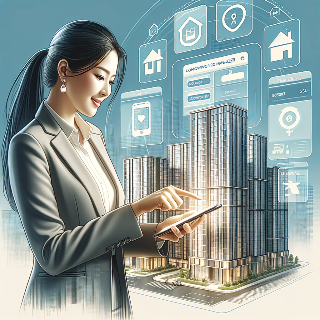 Illustrate a scene of a modern condominium manager, of South Asian descent and female-identified, adeptly using a mobile application on a sleek smartphone to administer a tall, contemporary condo building. The mobile application is portrayed with a clean and professional design. The display of the app should, in a user-friendly and intuitive manner, reveal a range of its diverse features that assist in building management. The depicted scene should also subtly show the efficiency and enhanced productivity introduced by this technology in the routine tasks of the condo management.