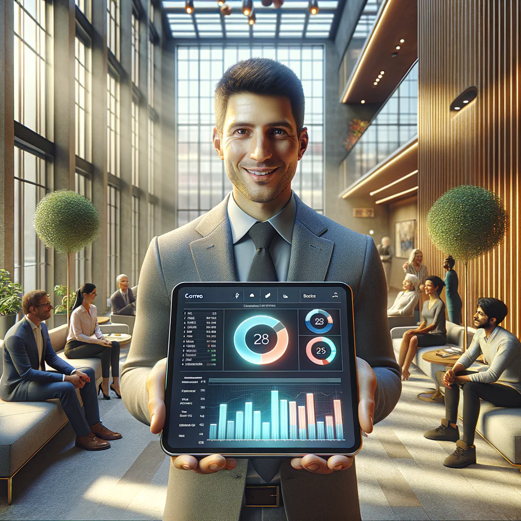 Imagine a high-resolution, photorealistic scene situated within a contemporary condominium lobby. Pictured is a friendly, smart-casual condo manager of Middle-Eastern descent proudly presenting a shiny, streamlined tablet that displays a vibrant financial dashboard, comprising of bar graphs and pie charts, angled in such a way that it is directly visible to the observer. The surrounding atmosphere is brimming with a sense of community and confidence as residents of various descents- South Asian, Caucasian, Black, and Hispanic - stand engaged, casting warm smiles. Warm natural sunlight permeates through large glass windows illuminating the surroundings. A subtle, digital atmosphere is formed by app icons and document thumbnails insinuating transparency and efficiency which gently float around the tablet.