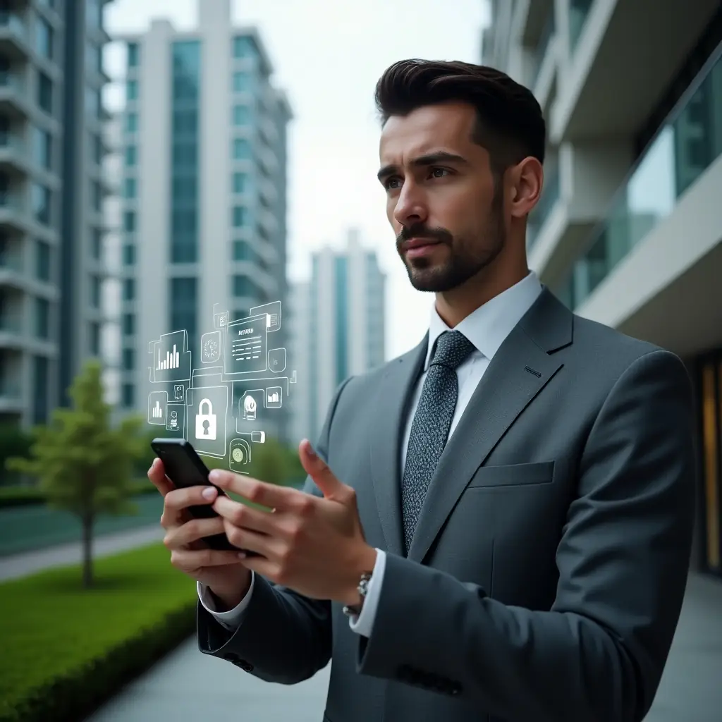 (Ultra-realistic condominium manager in a tailored gray suit, set in a modern luxury condominium environment with high-rise buildings and manicured green landscaping, holding a smartphone projecting a holographic dashboard of financial charts, communication bubbles and security padlock icons, confident expression with thoughtful gaze, cinematic lighting, shallow depth of field, highly detailed textures, realistic skin, photographic realism, 8k resolution --ar 1:1 --v 6)