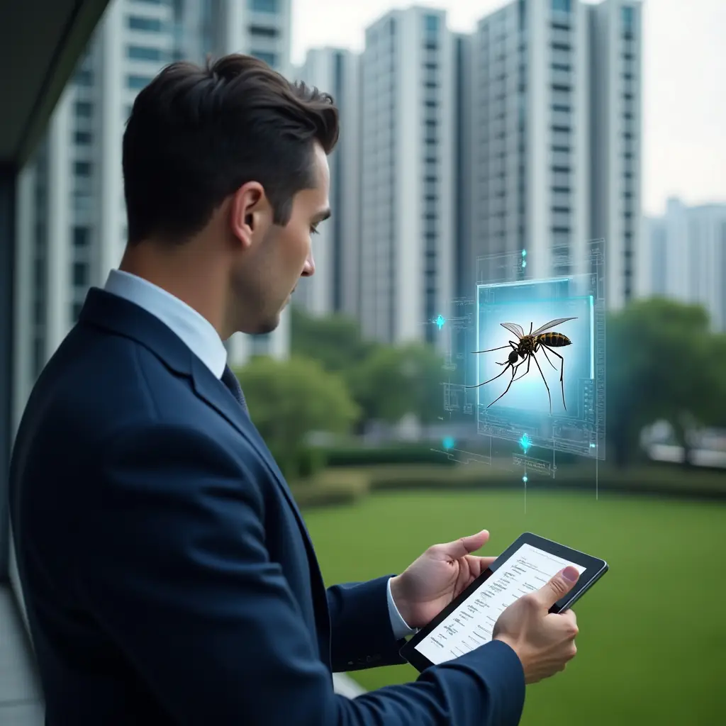 (Ultra-realistic condominium manager in a dark blue suit, set in a modern luxury condominium environment with high-rise buildings and well-kept green landscaping, holding a tablet displaying digital inspection checklists and pointing at a holographic Aedes aegypti mosquito icon with sensor data overlays, cinematic lighting, shallow depth of field, highly detailed textures, realistic skin, photographic realism, 8k resolution --ar 1:1 --v 6)