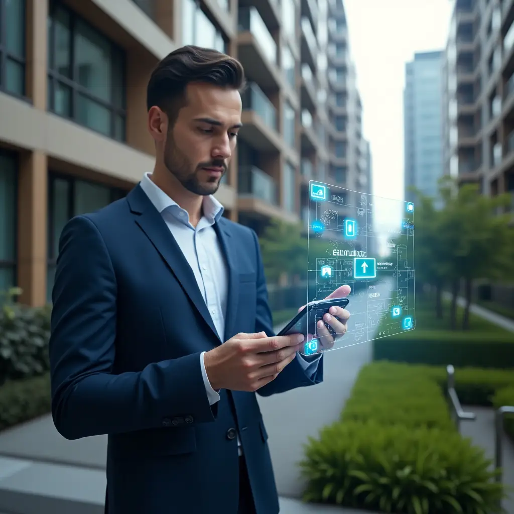 Ultra-realistic condominium manager in a navy blue suit, set in a modern luxury condominium environment with high-rise buildings and manicured green landscaping, analyzing a holographic touchscreen displaying accessible routes and ramp icons, a floating smartphone interface showing an inclusive app design, cinematic lighting, shallow depth of field, highly detailed textures, realistic skin, photographic realism, 8k resolution --ar 1:1 --v 6