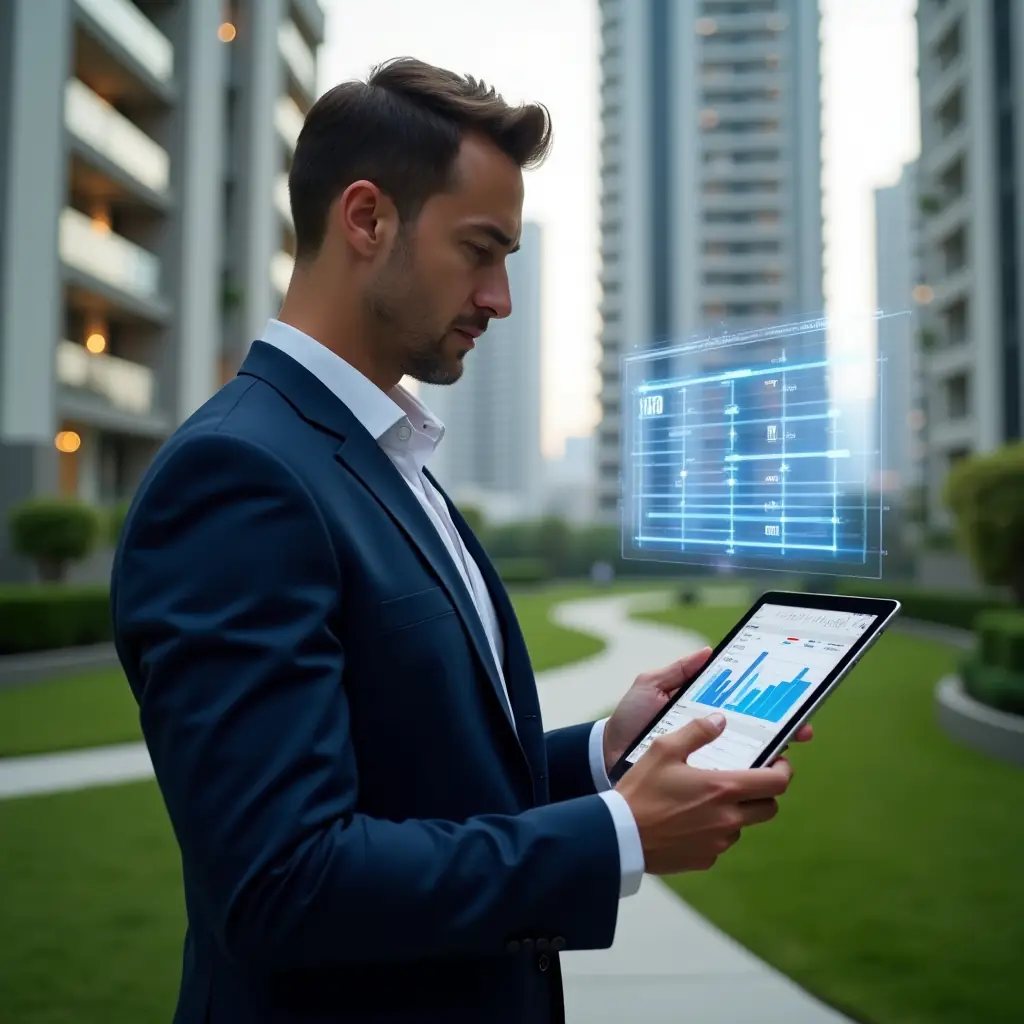 Ultra-realistic property manager in a navy tailored suit, set in a modern luxury condominium environment with high-rise buildings and manicured greenery, reviewing a digital scheduling hologram on a tablet showing an activity calendar and cost-reduction graphs, confident and focused expression, cinematic lighting, shallow depth of field, highly detailed textures, realistic skin, photographic realism, 8k resolution --ar 1:1 --v 6
