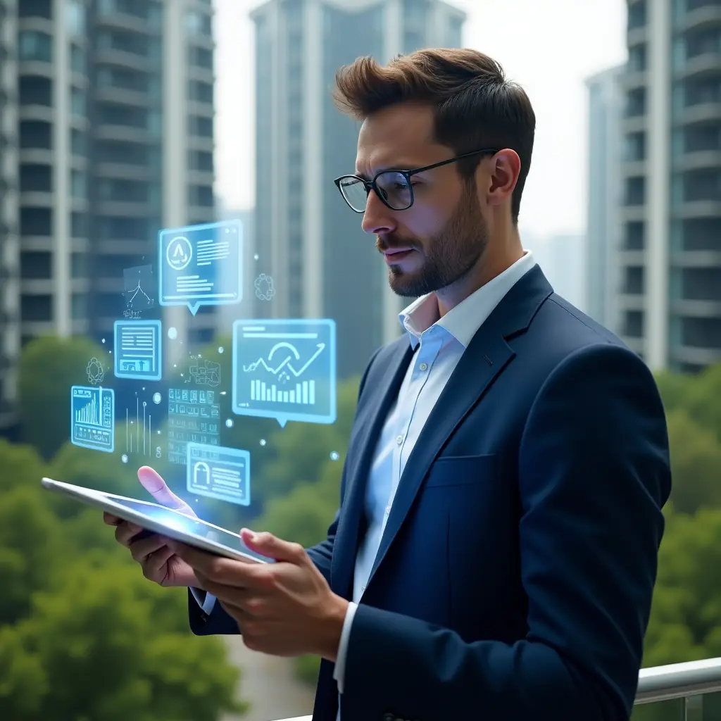 Ultra-realistic condominium manager in a navy blue tailored suit, set in a modern luxury condominium environment with high-rise buildings and lush green landscaping, holding a transparent tablet projecting holographic financial charts and notification icons while reviewing data with a confident, focused expression, floating blue message bubbles and automation gear symbols around, cinematic lighting, shallow depth of field, highly detailed textures, realistic skin, photographic realism, 8k resolution --ar 1:1 --v 6