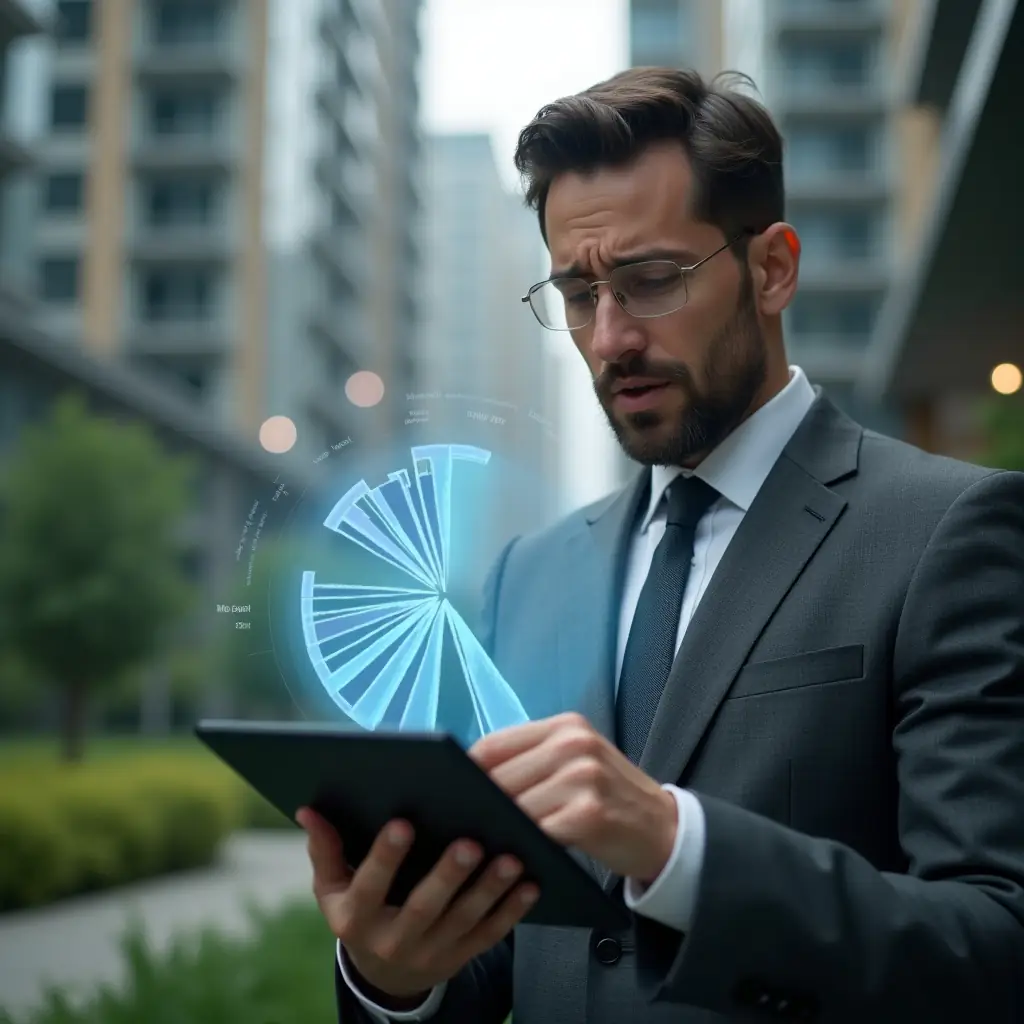 Ultra-realistic condominium manager in a charcoal gray executive suit, set in a modern luxury condominium environment with high-rise buildings and green landscaping, close-up shot of a concerned manager reviewing a holographic broken pie chart representing miscalculated shares floating above a tablet, cinematic lighting, shallow depth of field, highly detailed textures, realistic skin, photographic realism, 8k resolution --ar 1:1 --v 6