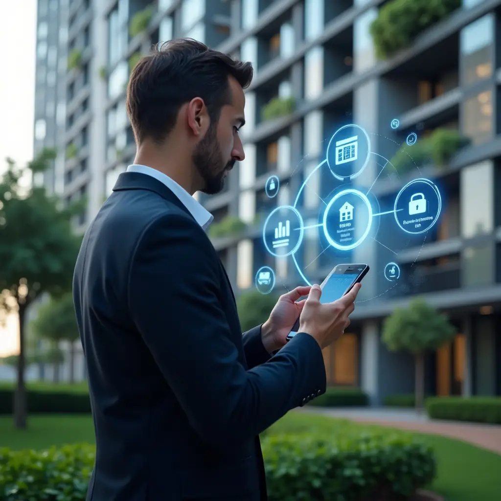 Ultra-realistic property manager in a dark navy suit, set in a modern luxury condominium environment with high-rise buildings and lush green landscaping, holding a smartphone while interacting with a floating holographic dashboard showing building analytics and chat icons, surrounded by glowing symbols of locks, calendars, and graphs, cinematic lighting, shallow depth of field, highly detailed textures, realistic skin, photographic realism, 8k resolution --ar 1:1 --v 6