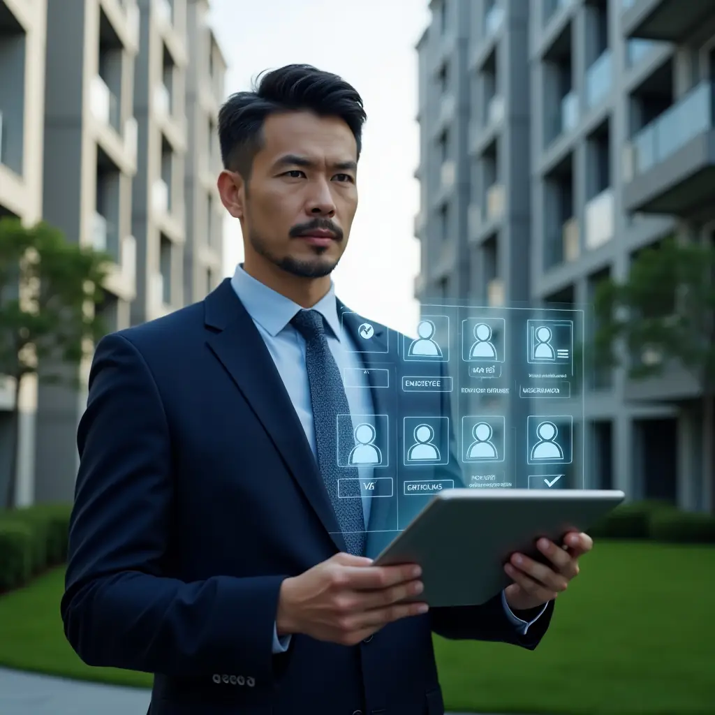 Ultra-realistic condominium manager in a navy blue suit, set in a modern luxury condominium environment with high-rise buildings and manicured green landscaping, holding a tablet displaying a holographic interface of employee profiles and compliance checklists, confident expression, futuristic holographic icons of checkmarks and user avatars floating above the screen, cinematic lighting, shallow depth of field, highly detailed textures, realistic skin, photographic realism, 8k resolution --ar 1:1 --v 6