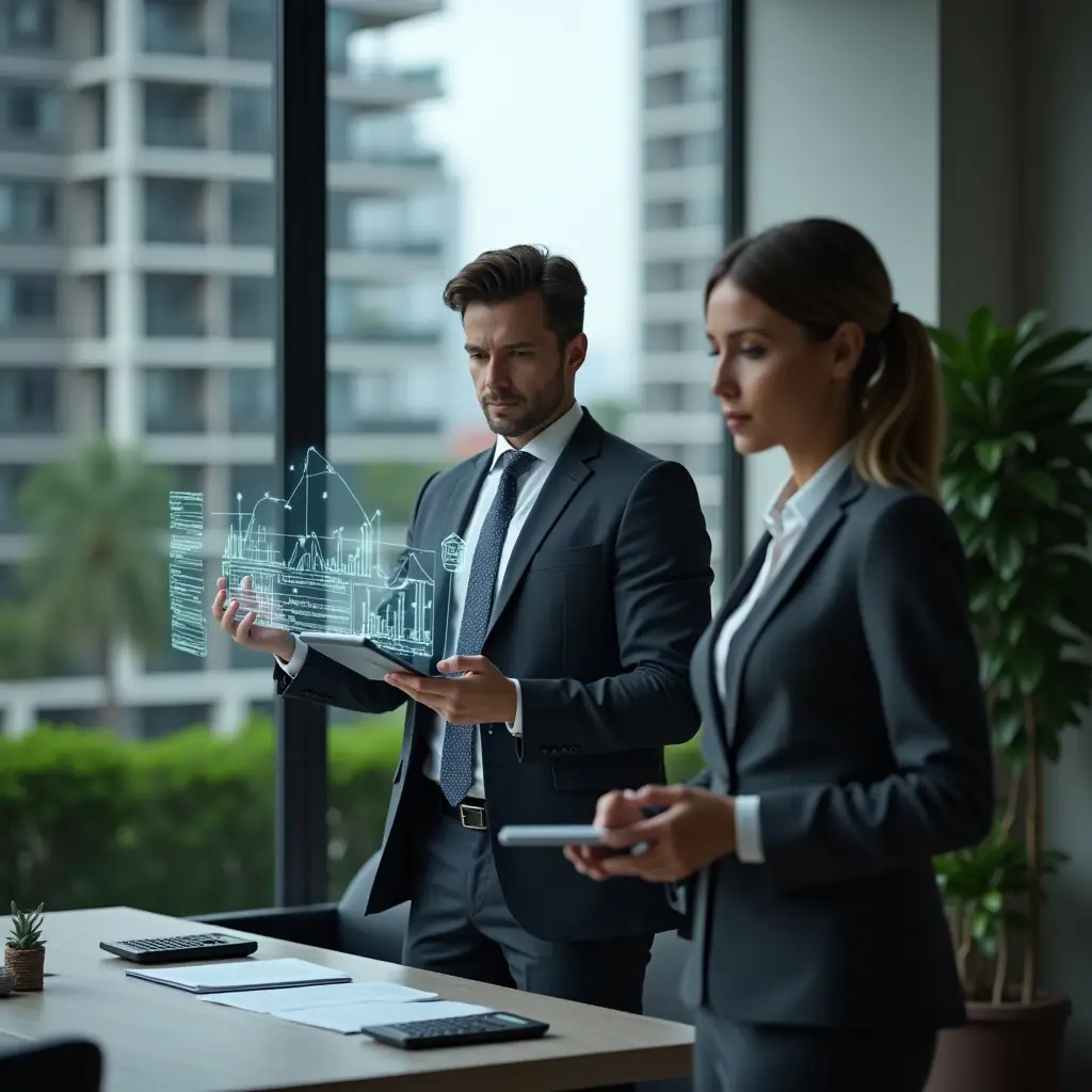 (Ultra-realistic condominium manager in a dark gray suit, set in a modern luxury condominium environment with high-rise buildings and manicured green landscaping, mid-shot of a thoughtful professional reviewing holographic tax forms and financial charts projected above a tablet, a calculator and papers on a sleek desk beside them, serious and focused expression, cinematic lighting, shallow depth of field, highly detailed textures, realistic skin, photographic realism, 8k resolution --ar 1:1 --v 6)