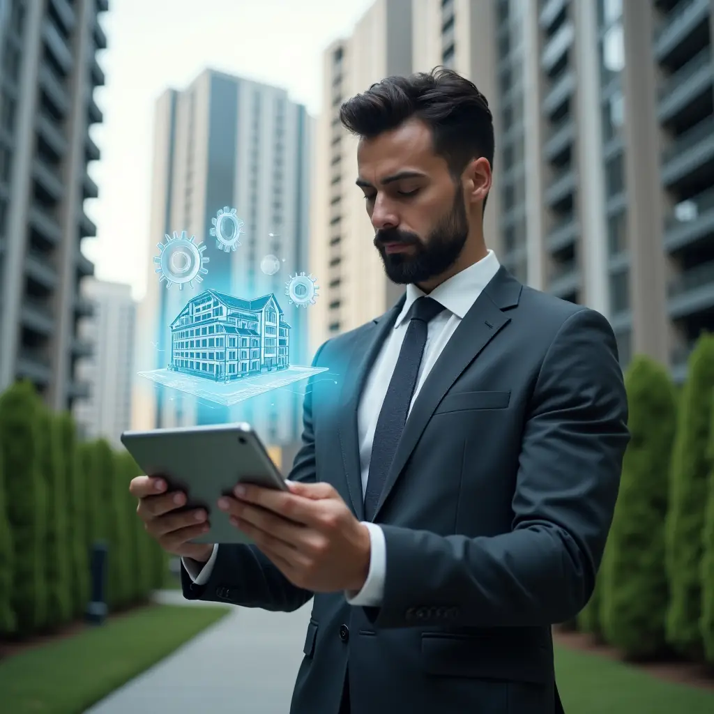 (Ultra-realistic condominium manager in a charcoal gray suit, set in a modern luxury condominium environment with high-rise buildings and manicured green landscaping, holding a tablet displaying a digital maintenance dashboard while interacting with a holographic building blueprint projected above the device, floating gear and wrench icons symbolizing preventive maintenance, confident and focused expression, cinematic lighting, shallow depth of field, highly detailed textures, realistic skin, photographic realism, 8k resolution --ar 1:1 --v 6)