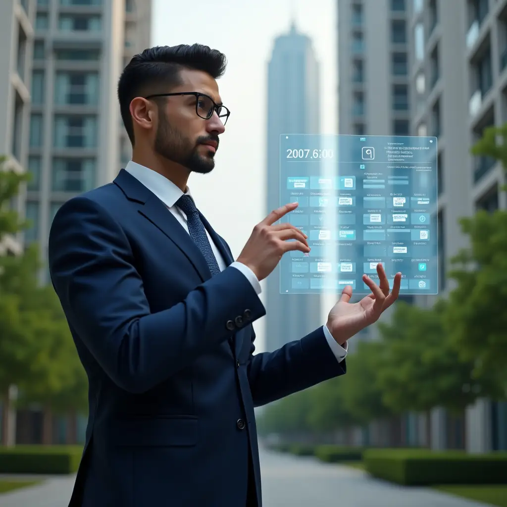 (Ultra-realistic condominium manager in a navy blue executive suit, set in a modern luxury condominium environment with high-rise buildings and meticulously maintained green landscaping, confidently interacting with a floating holographic reservation calendar interface showing marked time slots, calendar icons and reservation symbols hovering around, cinematic lighting, shallow depth of field, highly detailed textures, realistic skin, photographic realism, 8k resolution --ar 1:1 --v 6)