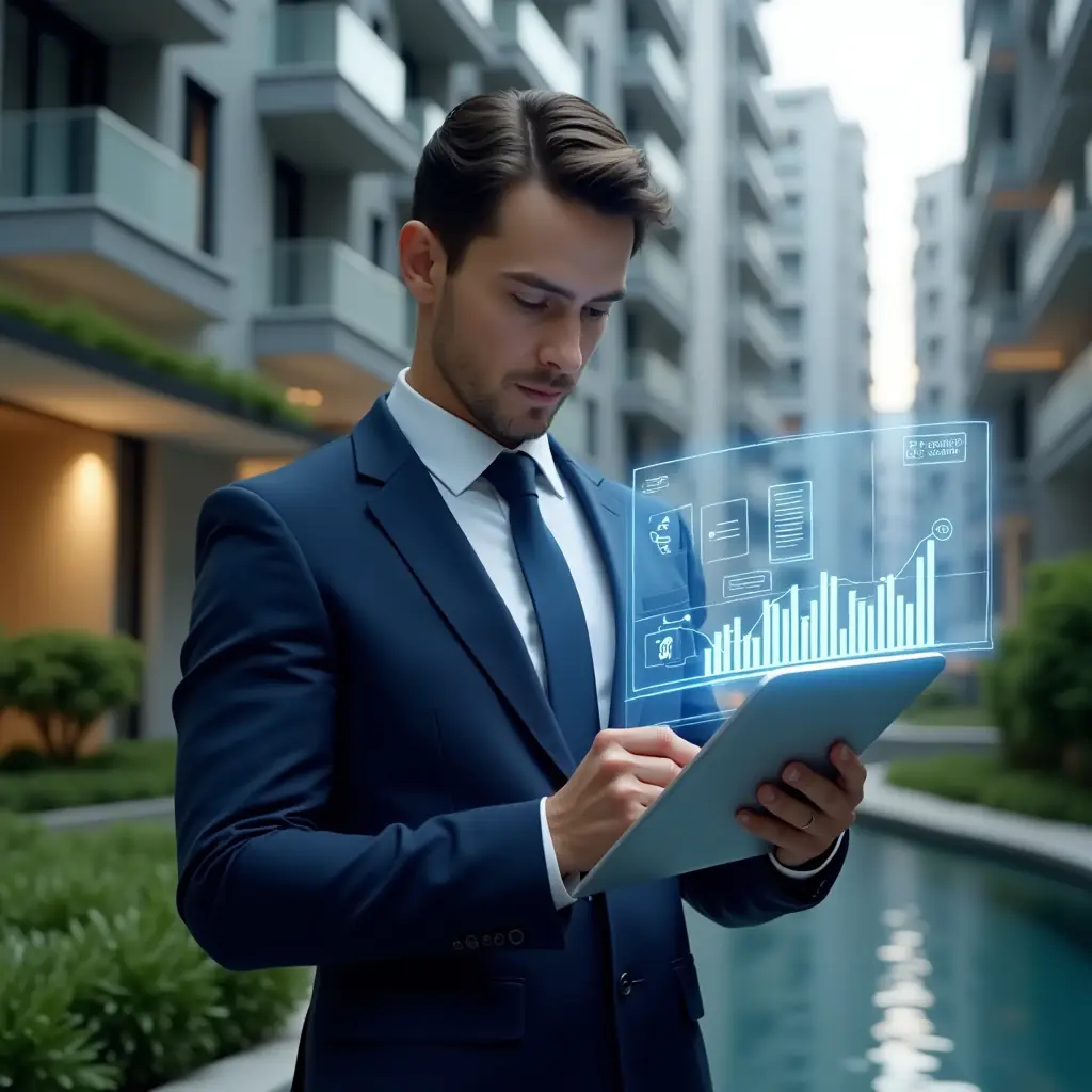 (Ultra-realistic condominium manager in a navy blue suit, set in a modern luxury condominium environment with high-rise buildings and green landscaping, reviewing a floating holographic financial report with graphs and document icons, confident and focused expression, cinematic lighting, shallow depth of field, highly detailed textures, realistic skin, photographic realism, 8k resolution --ar 1:1 --v 6)