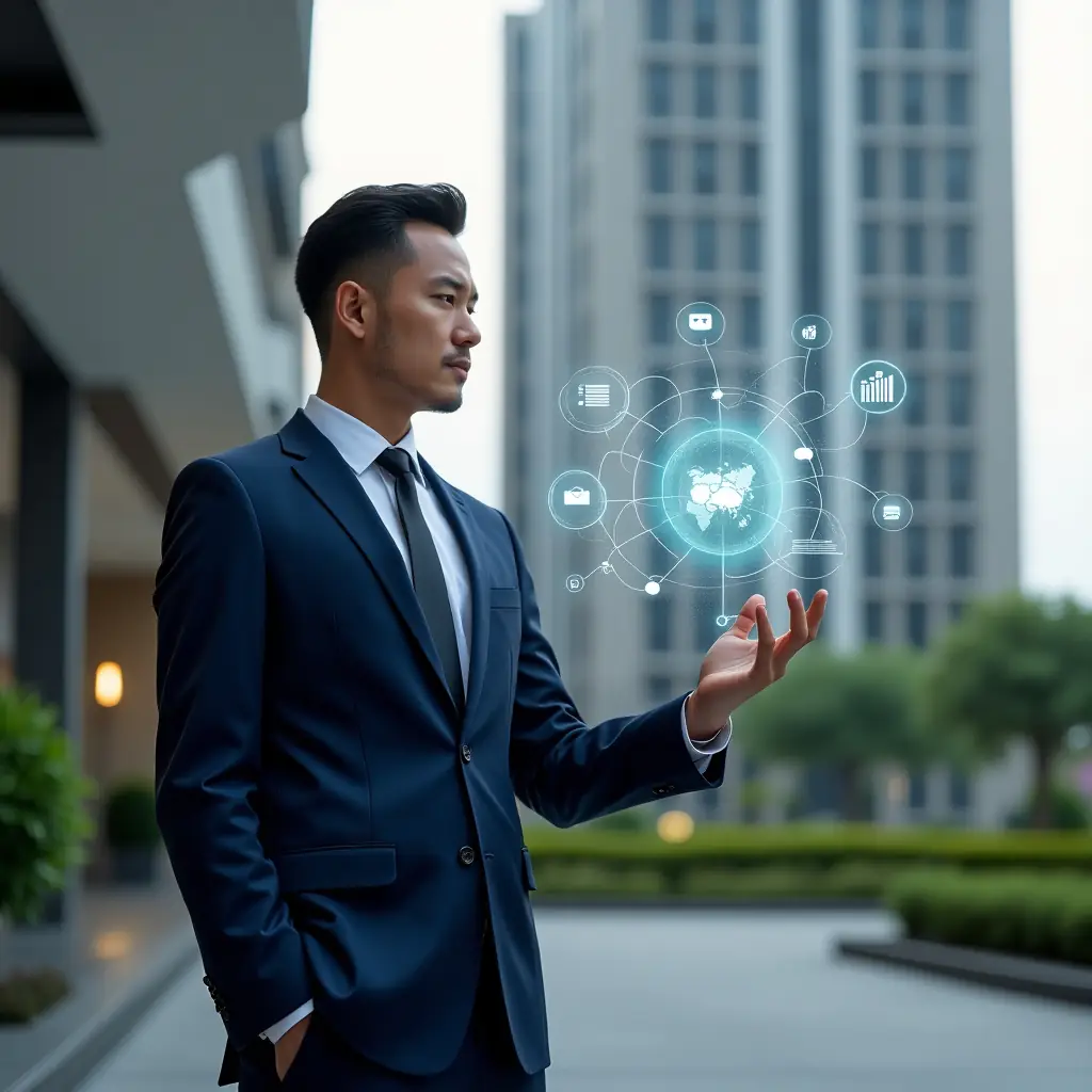 Ultra-realistic professional condominium manager in a tailored navy blue suit, set in a modern luxury condominium environment with high-rise buildings and manicured green landscaping, confidently interacting with a transparent holographic interface displaying financial charts, communication bubbles and digital network icons symbolizing innovation, cinematic lighting, shallow depth of field, highly detailed textures, realistic skin, photographic realism, 8k resolution --ar 1:1 --v 6