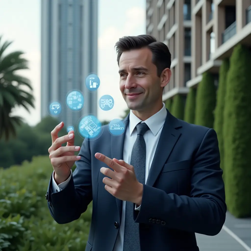Ultra-realistic condominium manager in a sleek navy blue suit, set in a modern luxury condominium environment with high-rise buildings and lush green landscaping, mid shot interacting with a holographic condominium management app interface showing floating icons for communication, scheduling, and finance, confident and focused expression, cinematic lighting, shallow depth of field, highly detailed textures, realistic skin, photographic realism, 8k resolution --ar 1:1 --v 6