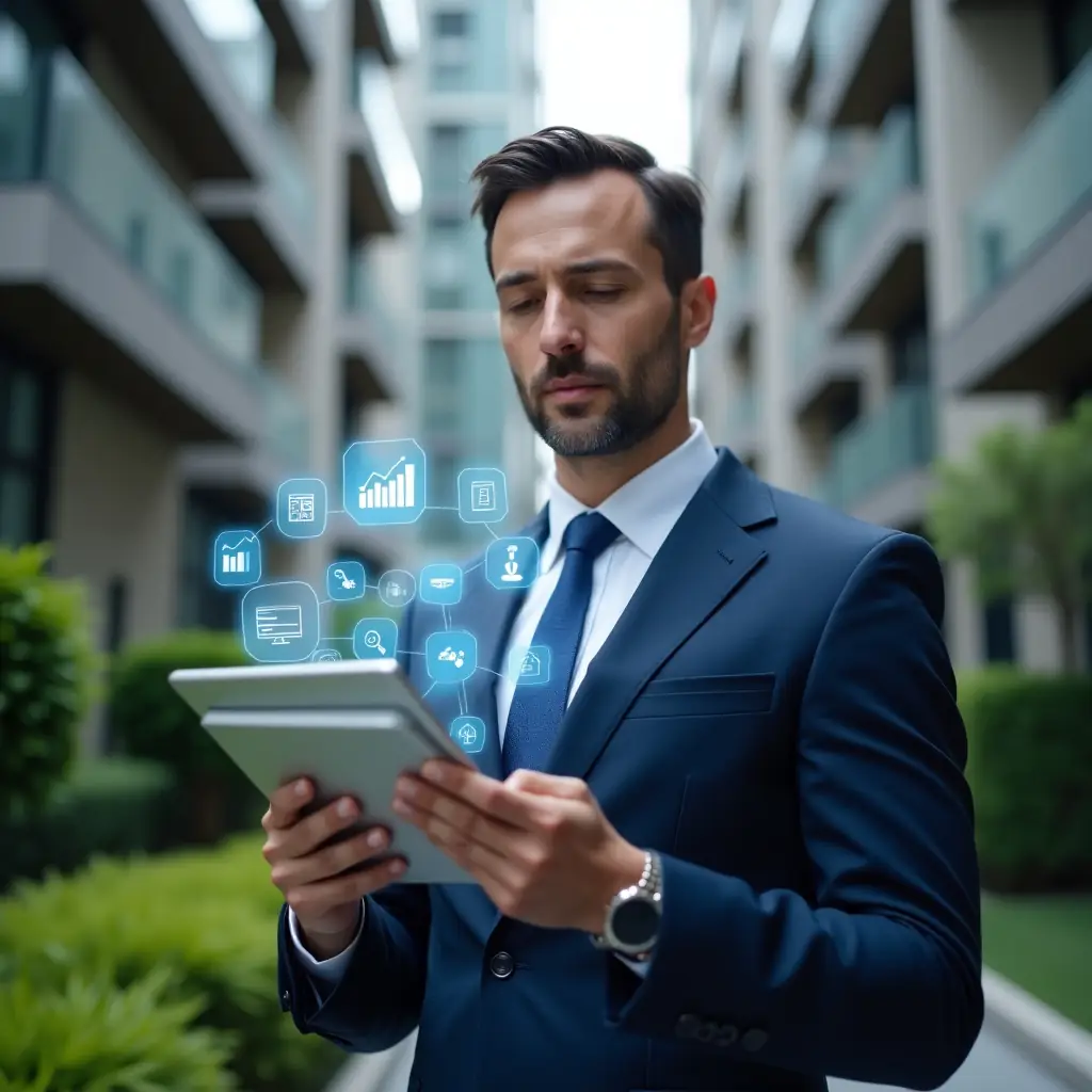 (Ultra-realistic property manager in a navy-blue suit, set in a modern luxury condominium environment with high-rise buildings and well-manicured green landscaping, medium shot close-up focusing on the manager interacting with a transparent tablet displaying floating holographic icons of financial charts, maintenance alerts and communication modules, conveying a confident and focused expression, cinematic lighting, shallow depth of field, highly detailed textures, realistic skin, photographic realism, 8k resolution --ar 1:1 --v 6)