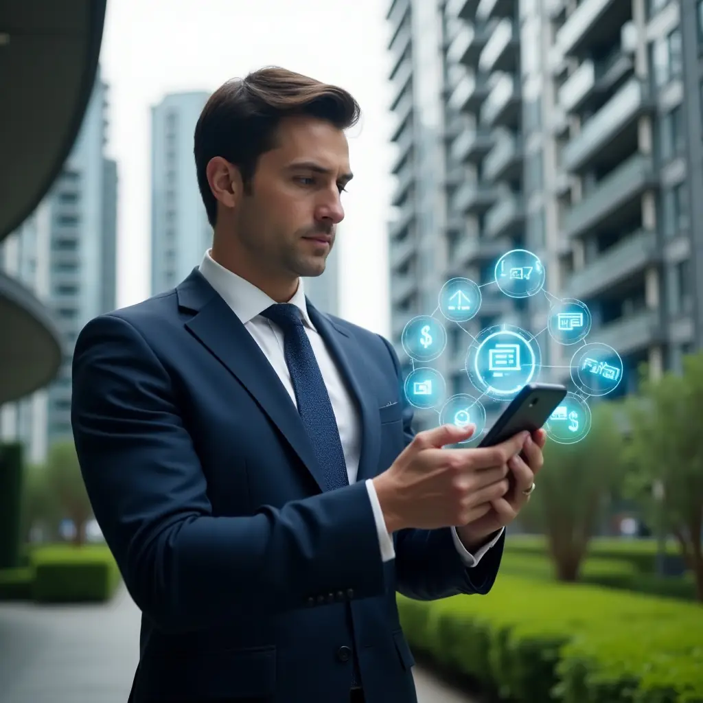 (Ultra-realistic condominium manager in a tailored navy blue suit, set in a modern luxury condominium environment with high-rise buildings and well-manicured green landscaping, examining a floating holographic condominium management app interface with icons for finances and space reservations, confident and focused expression, cinematic lighting, shallow depth of field, highly detailed textures, realistic skin, photographic realism, 8k resolution --ar 1:1 --v 6)