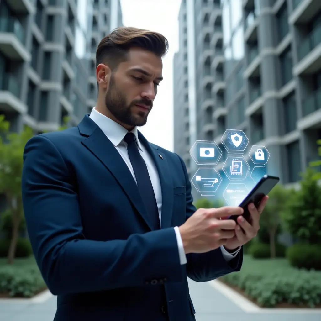 Ultra-realistic condominium manager in a sleek navy-blue suit, set in a modern luxury condominium environment with high-rise buildings and manicured green landscaping, medium-close-up shot of the manager looking confidently at a glowing smartphone screen, smartphone projecting holographic icons of tasks, chat bubbles and a security shield, cinematic lighting, shallow depth of field, highly detailed textures, realistic skin, photographic realism, 8k resolution --ar 1:1 --v 6